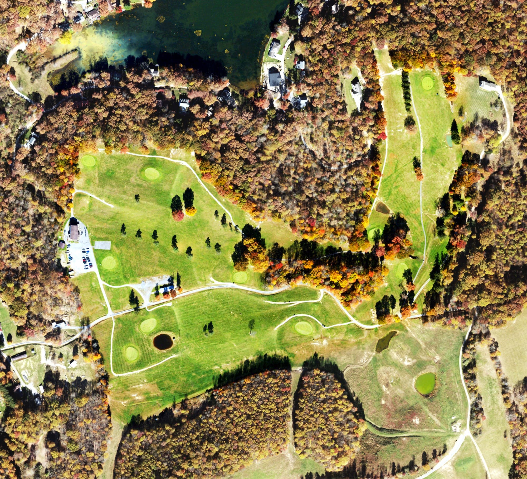 Aerial view of Paradise Lake Golf Course, WV, with its hole routing marked