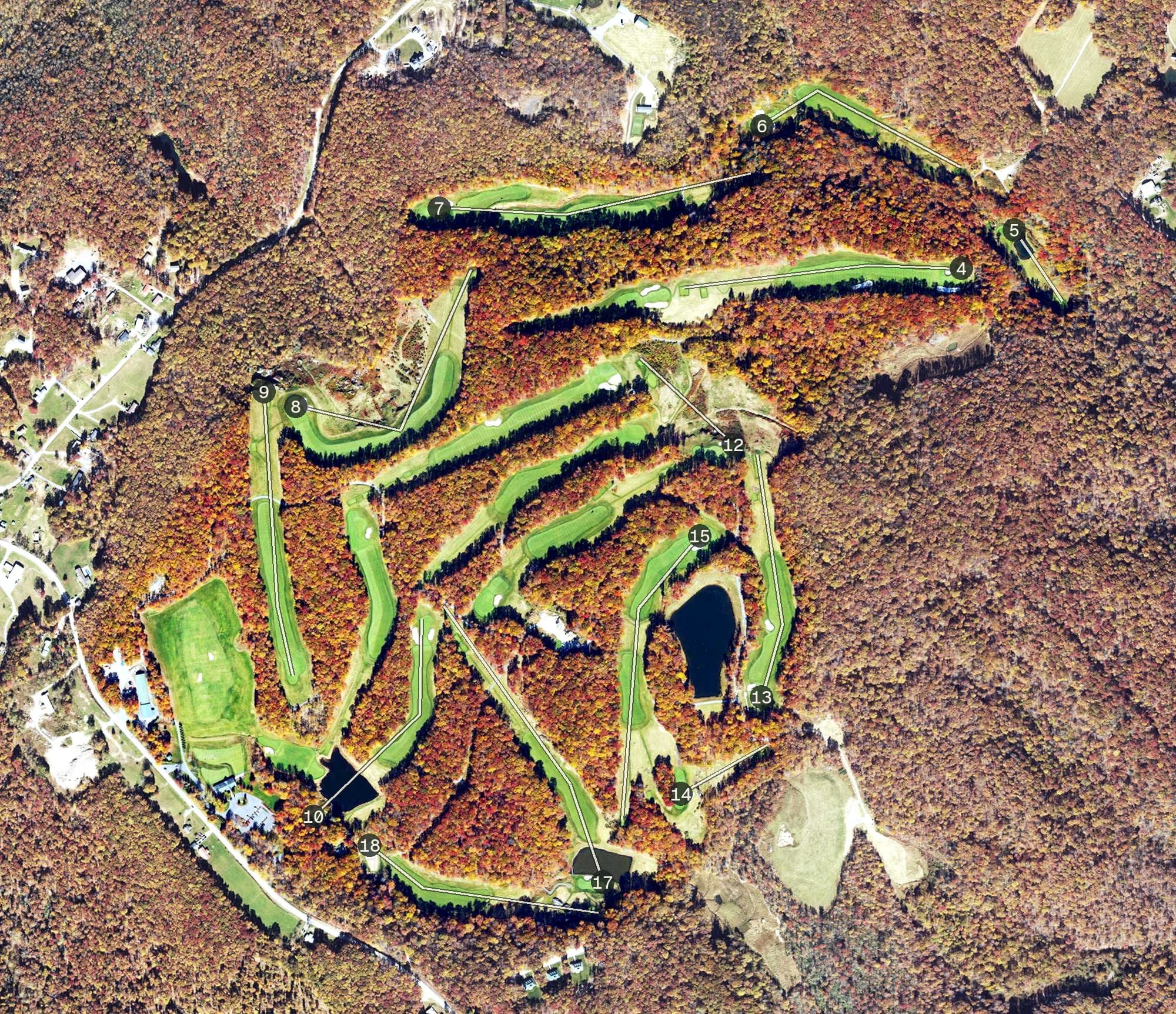Aerial view of Pikewood National Golf Club, WV, with its hole routing marked