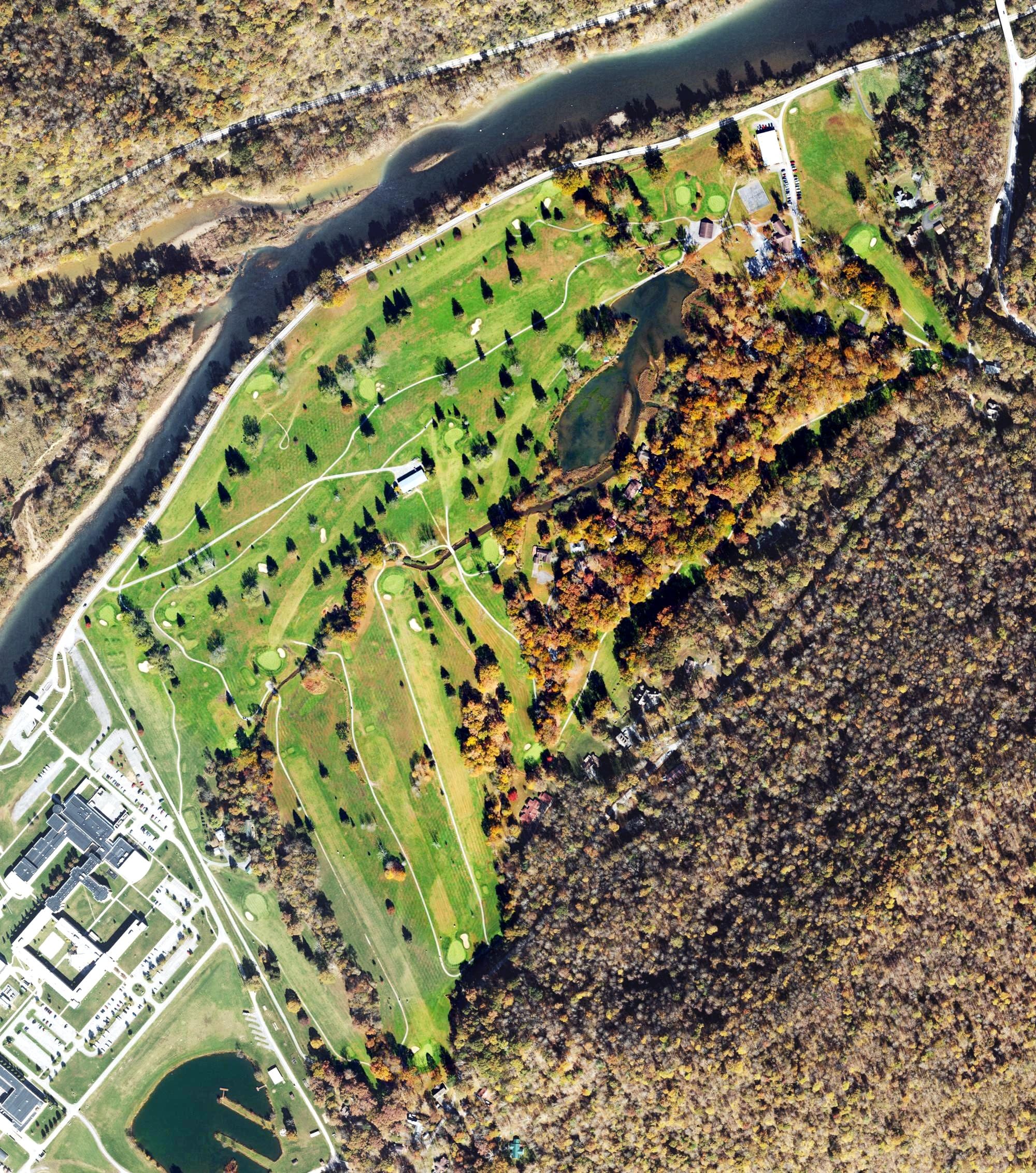 Aerial view of Preston Country Club Golf Course, WV, with its hole routing marked