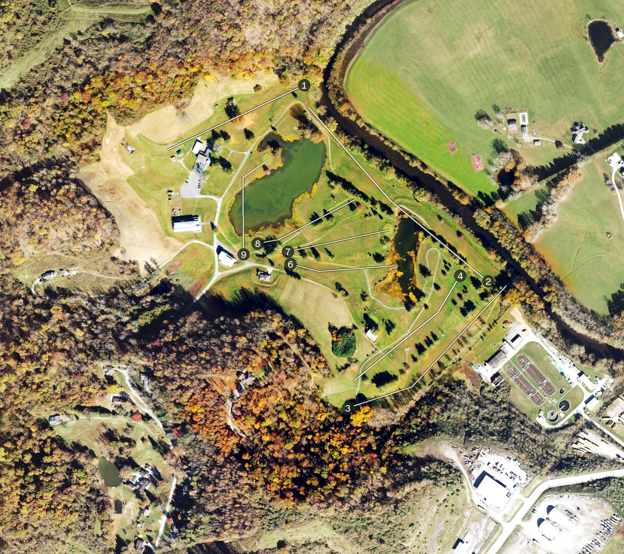 Aerial view of Riverbend Golf Club at EvUnBreth, WV, with its hole routing marked
