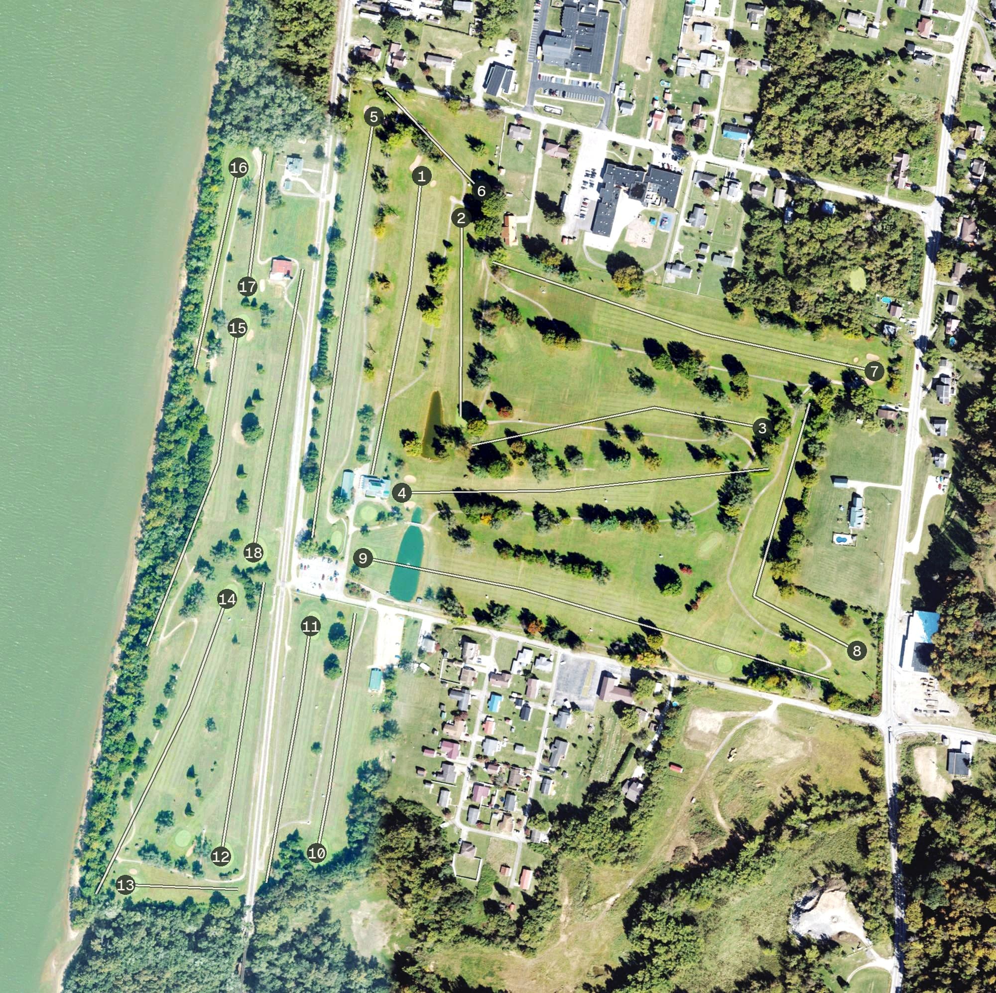 Aerial view of Riveria Country Club Golf Course, WV, with its hole routing marked
