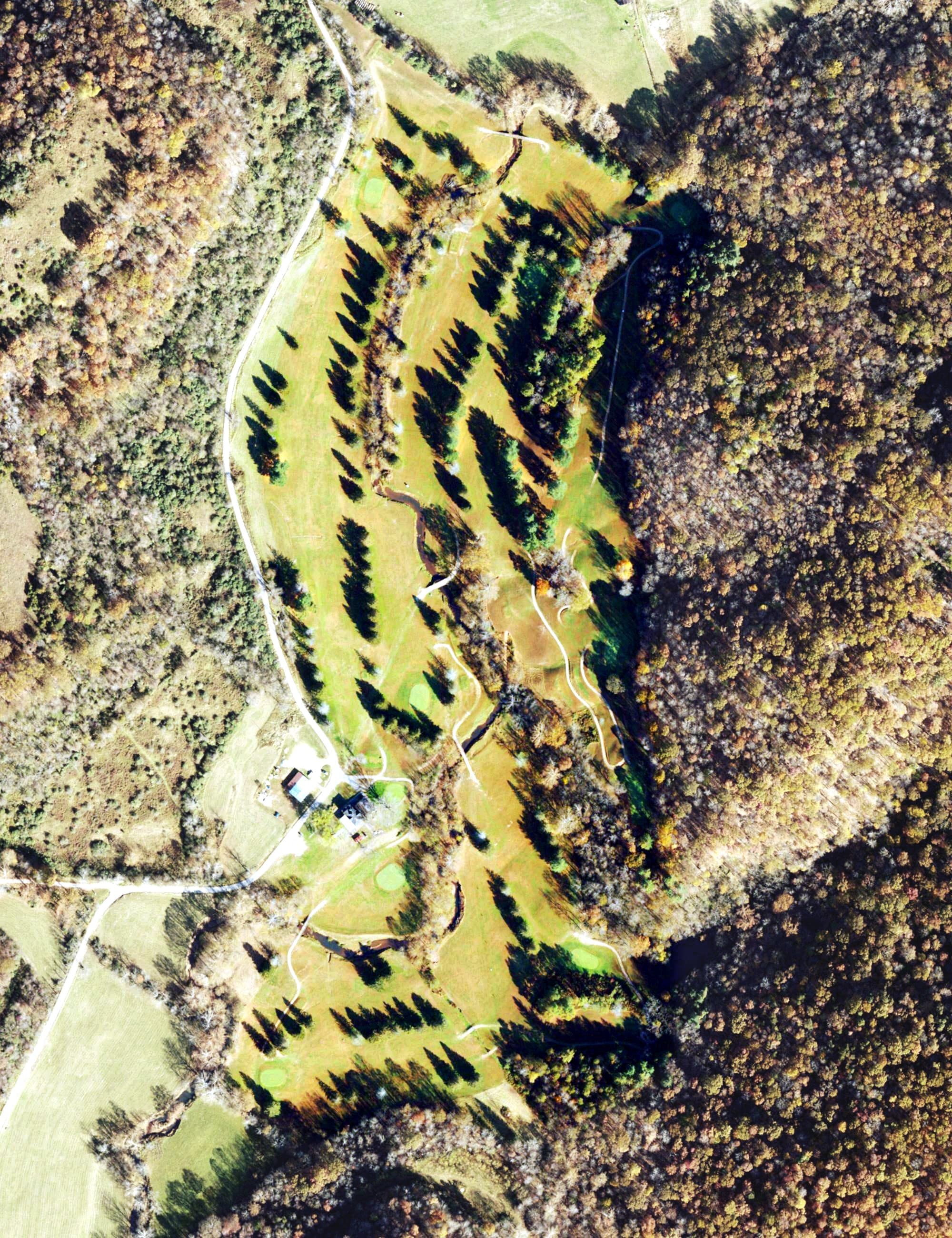 Aerial view of Roane County Country Club, WV, with its hole routing marked