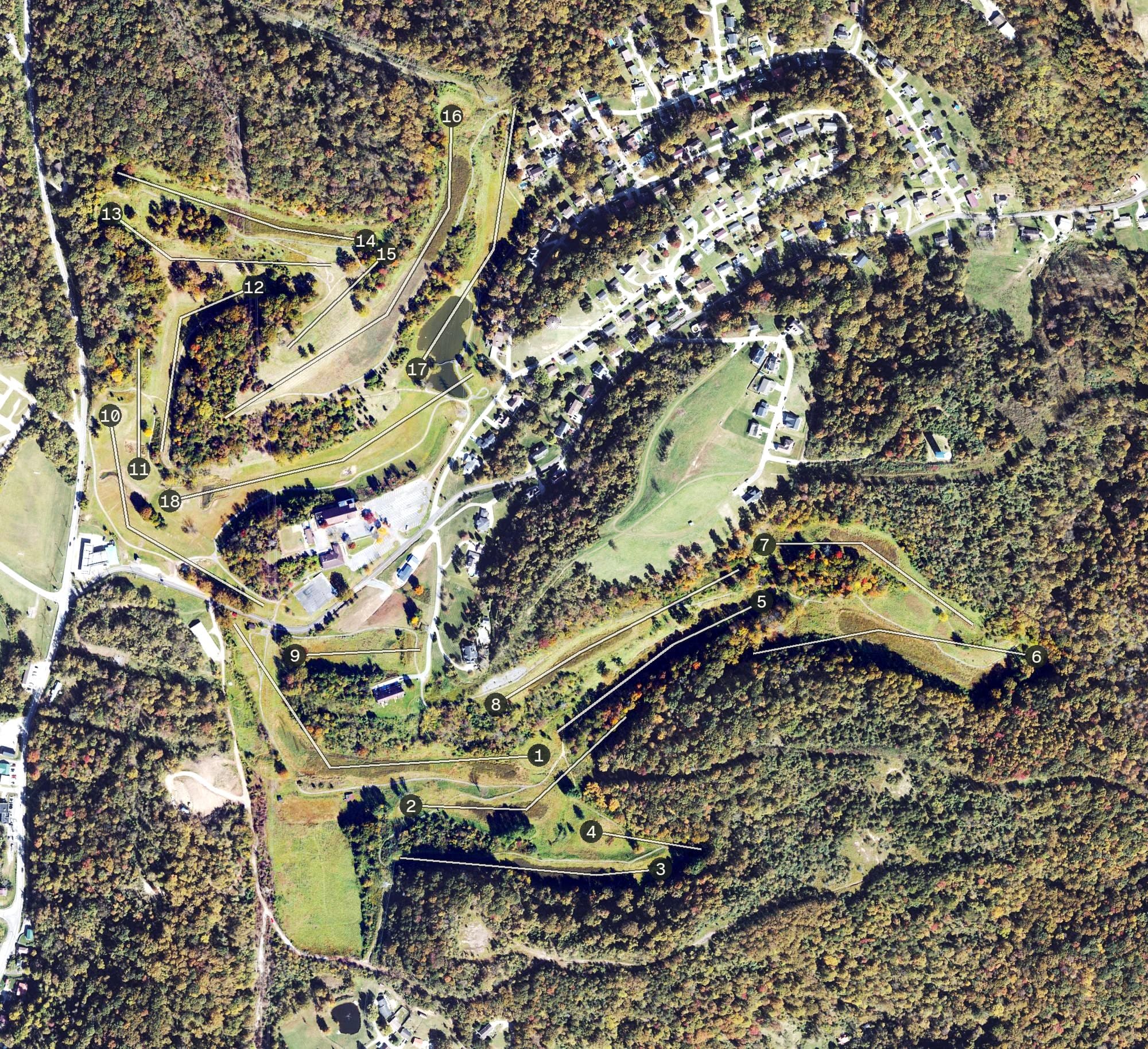 Aerial view of Scarlet Oaks Country Club, WV, with its hole routing marked