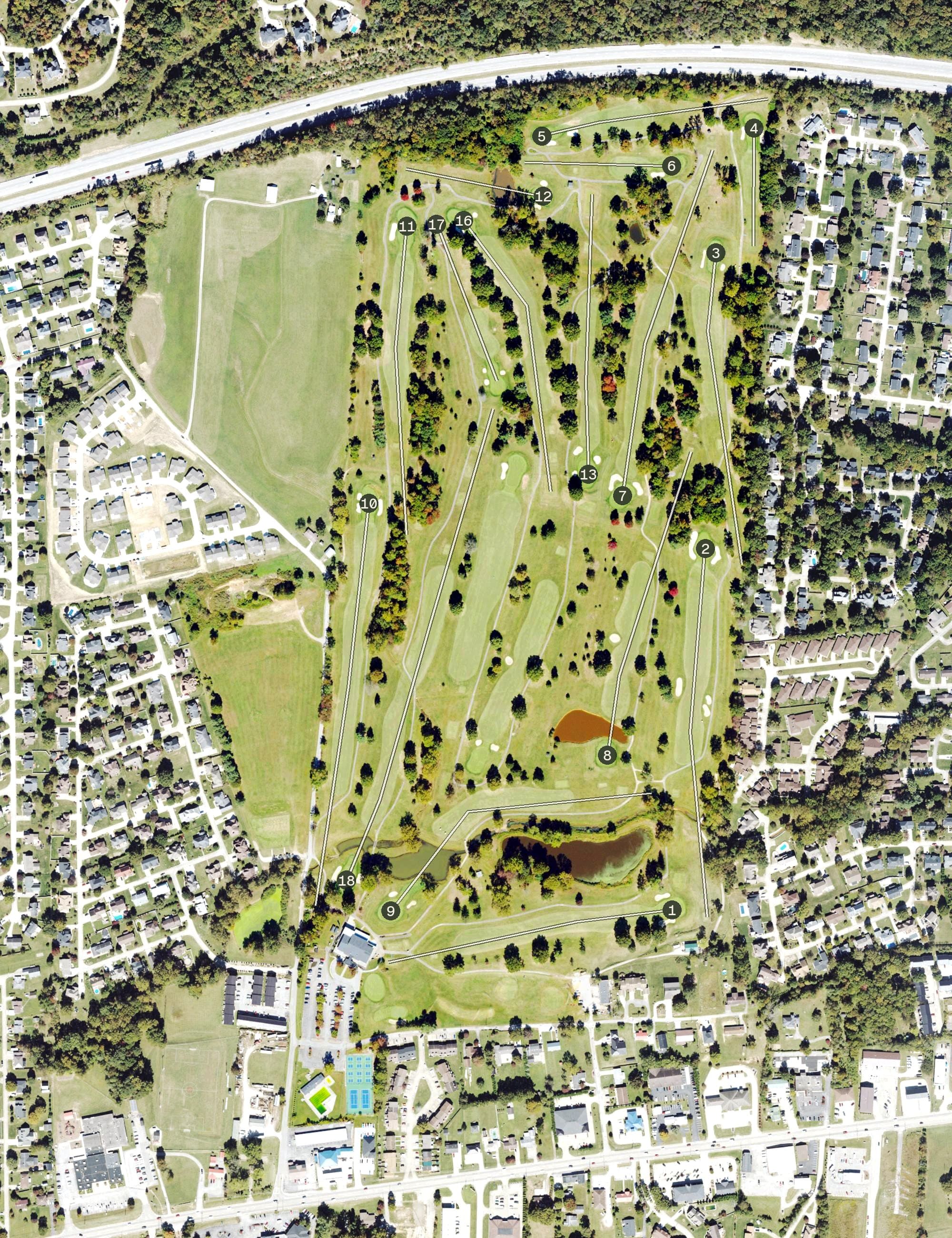Aerial view of Sleepy Hollow Golf Club, WV, with its hole routing marked
