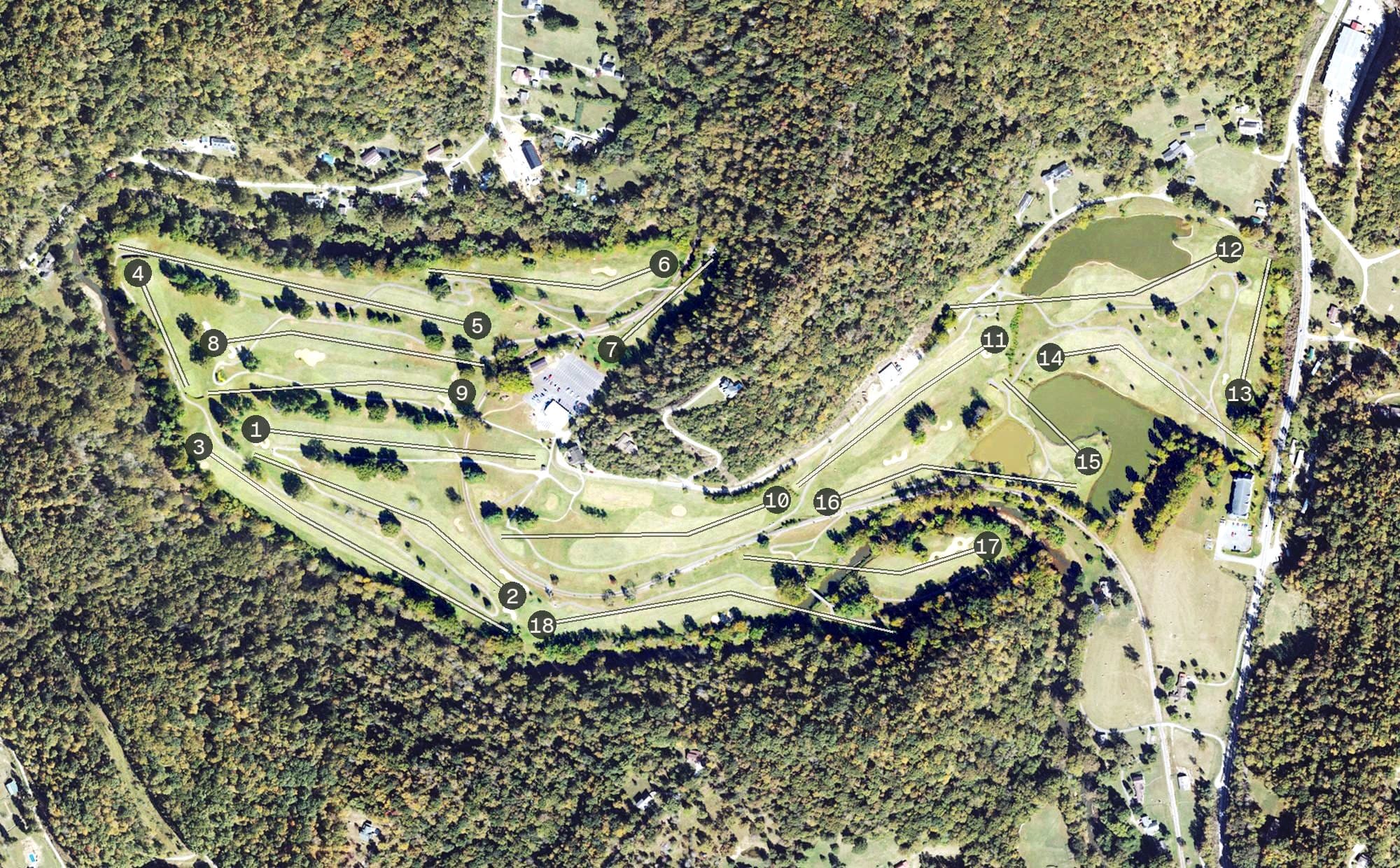 Aerial view of Sugarwood Golf Club, WV, with its hole routing marked