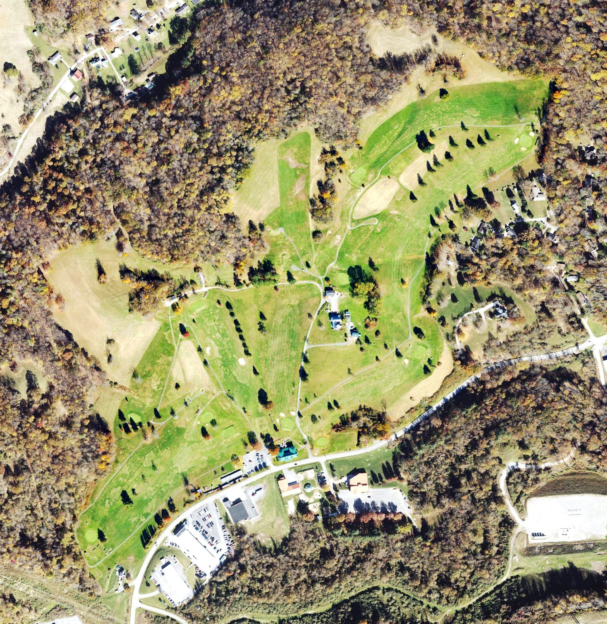 Aerial view of Sunny Croft Country Club, WV, with its hole routing marked