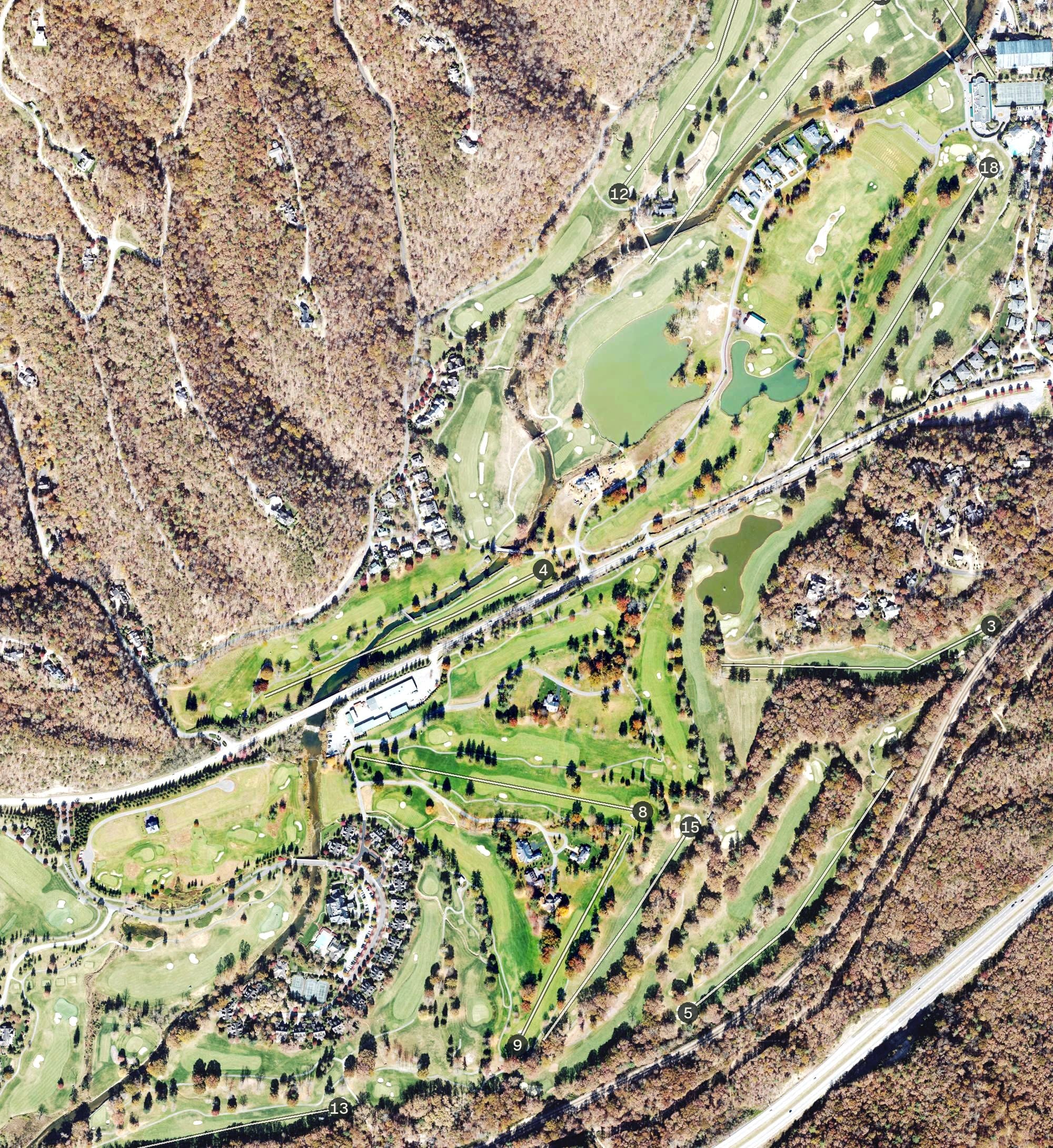 Aerial view of The Greenbrier - Meadows Course, WV, with its hole routing marked