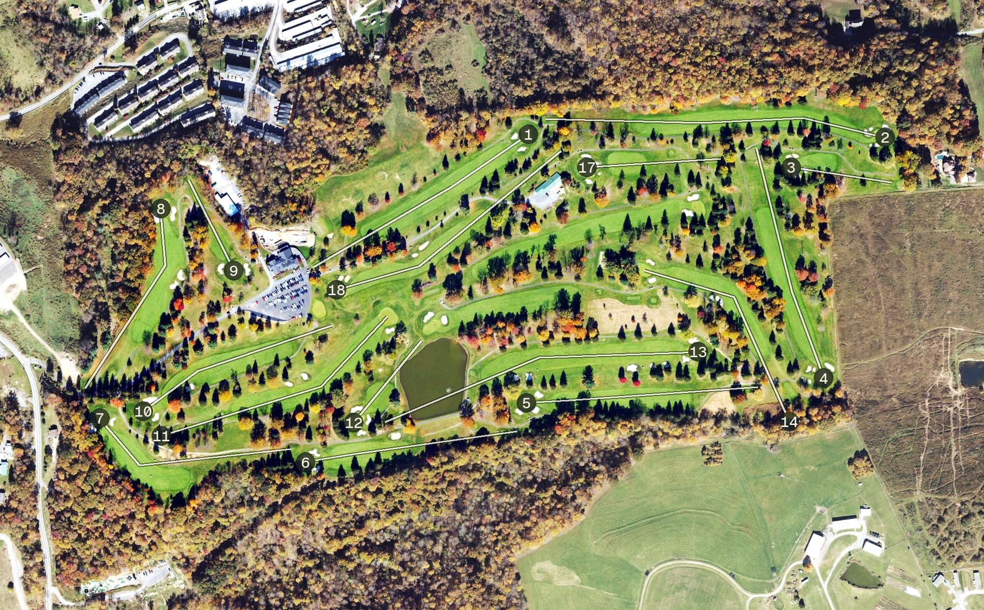 Aerial view of The Pines Country Club, WV, with its hole routing marked