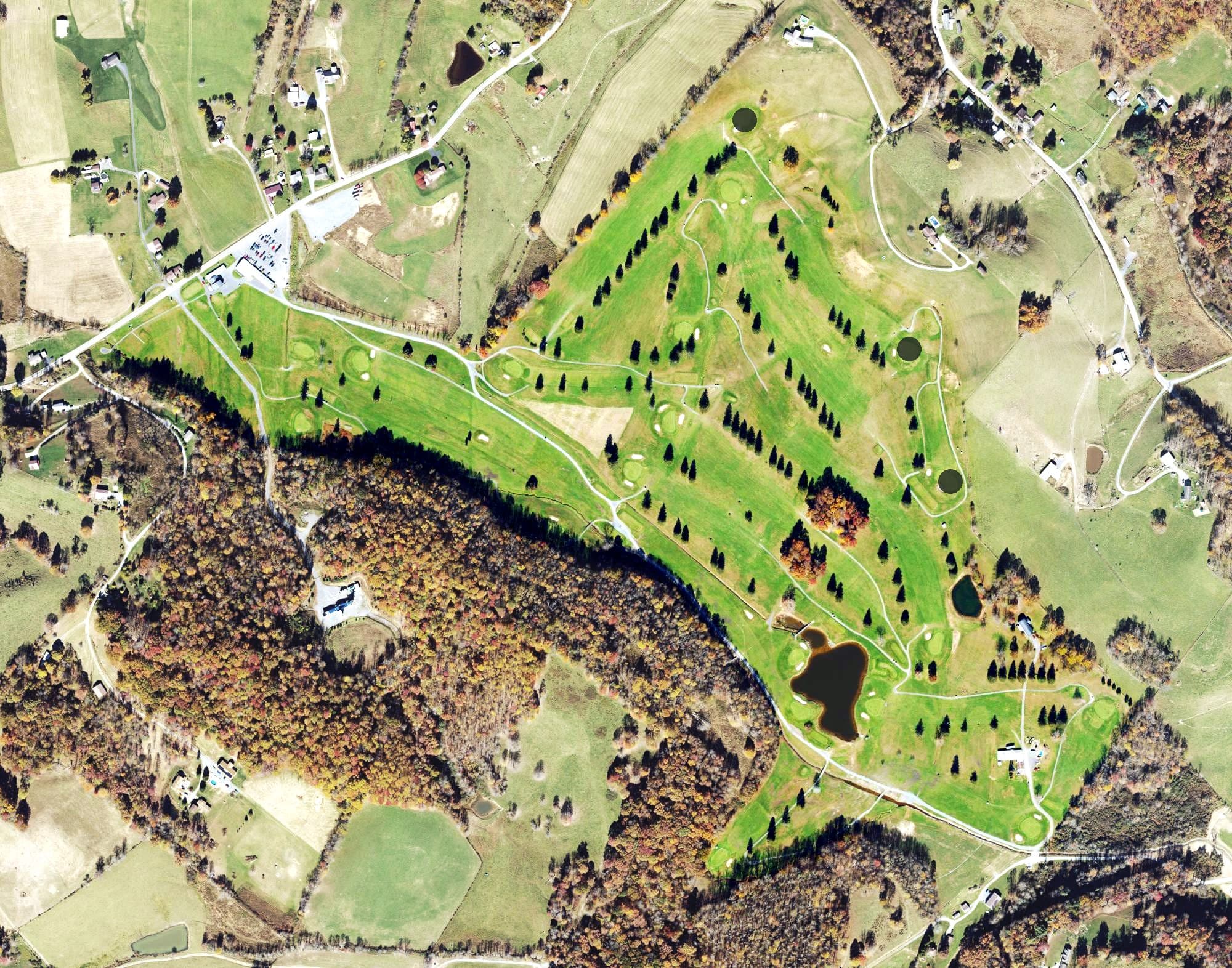 Aerial view of Tygart Lake Golf Course, WV, with its hole routing marked