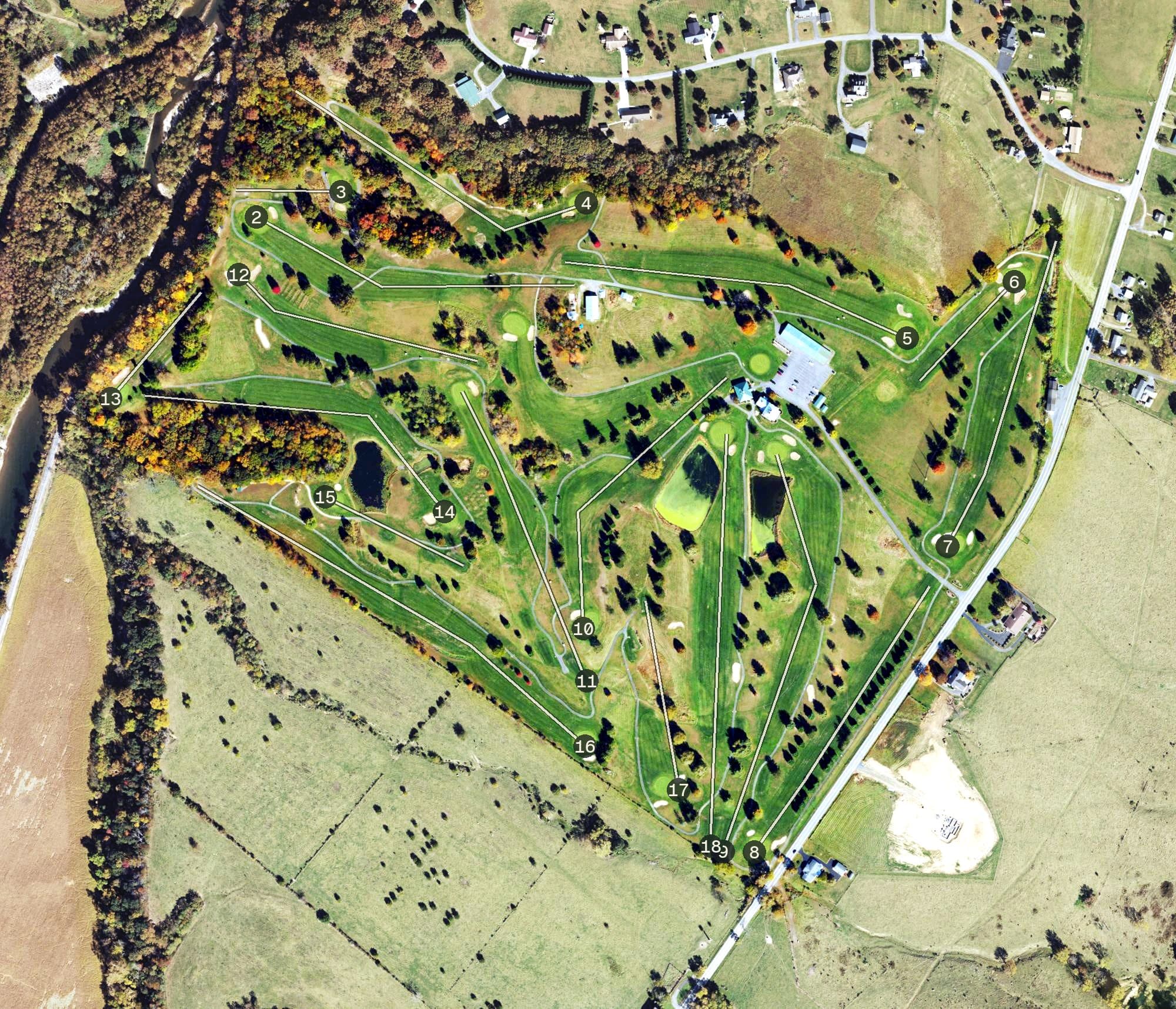 Aerial view of Valley View Golf Course, WV, with its hole routing marked