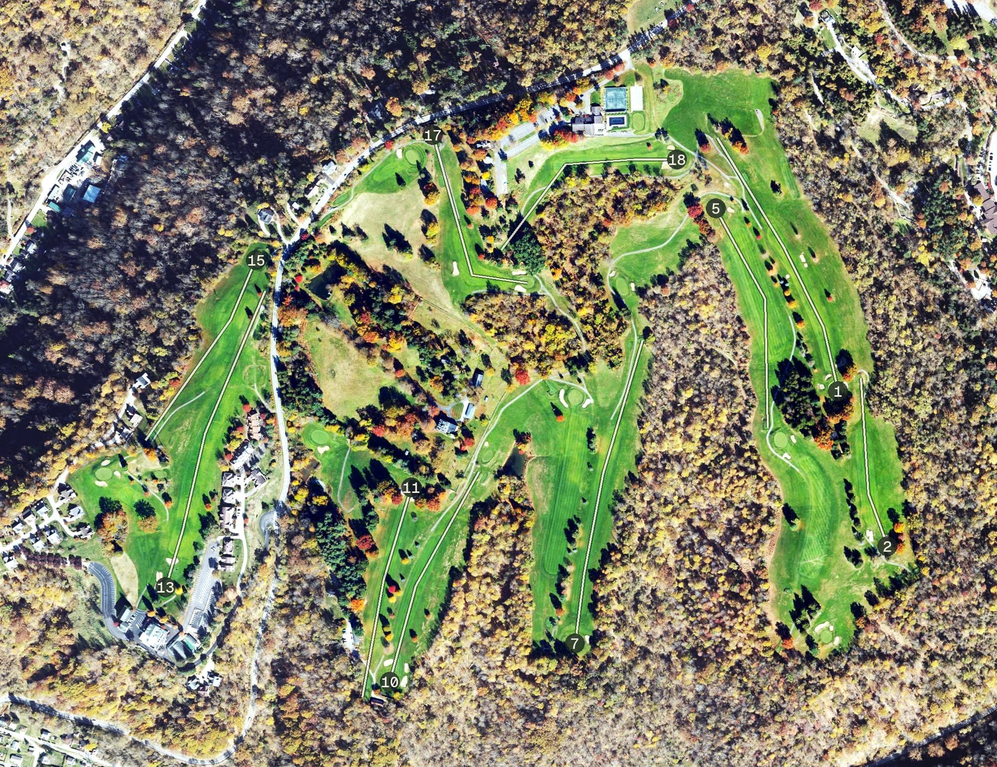 Aerial view of Wheeling Country Club Golf Course, WV, with its hole routing marked
