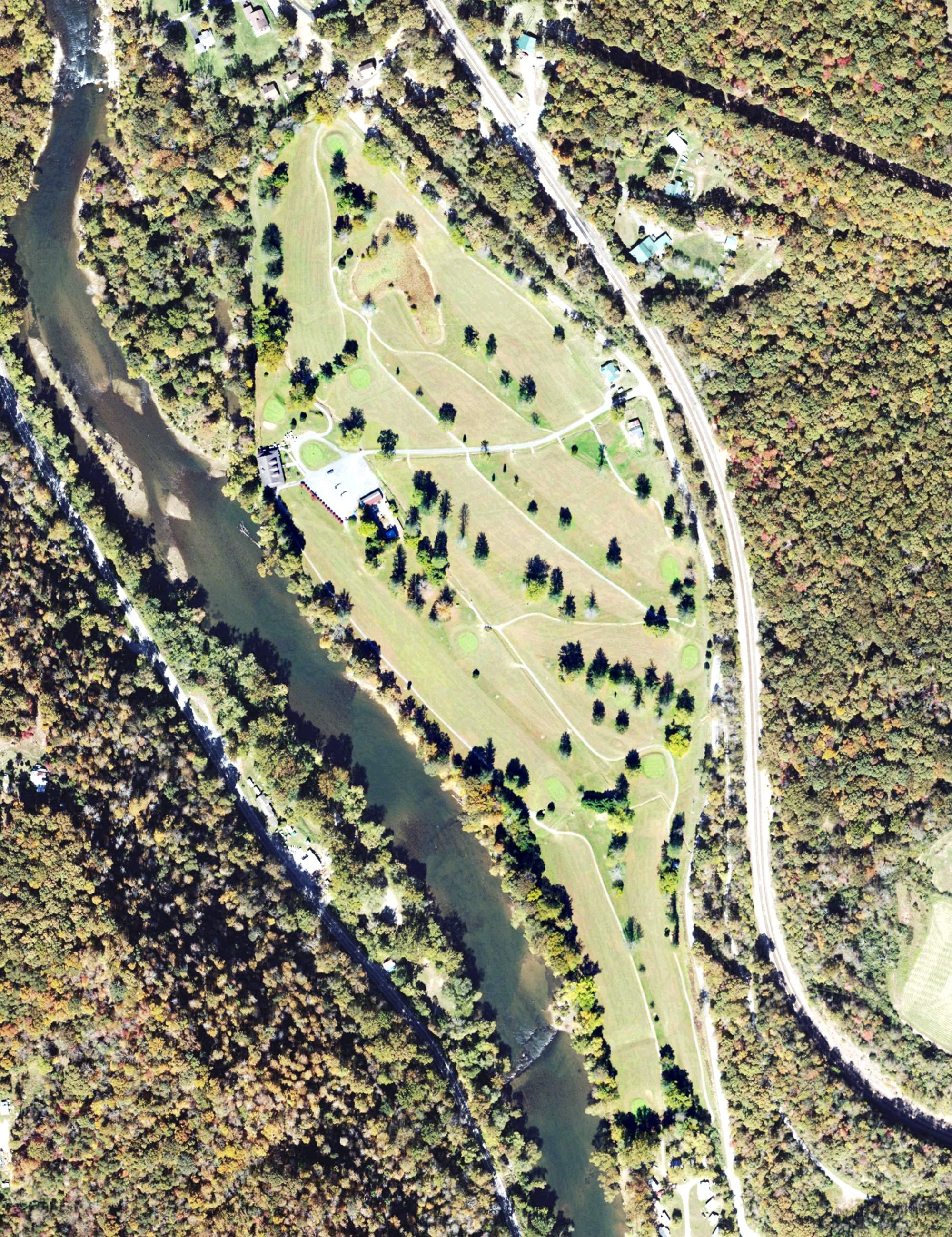 Aerial view of Willow Wood Country Club, WV, with its hole routing marked