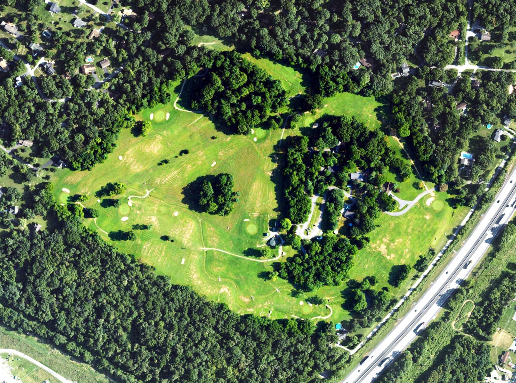 Aerial view of Woodbrier Golf Course, WV, with its hole routing marked