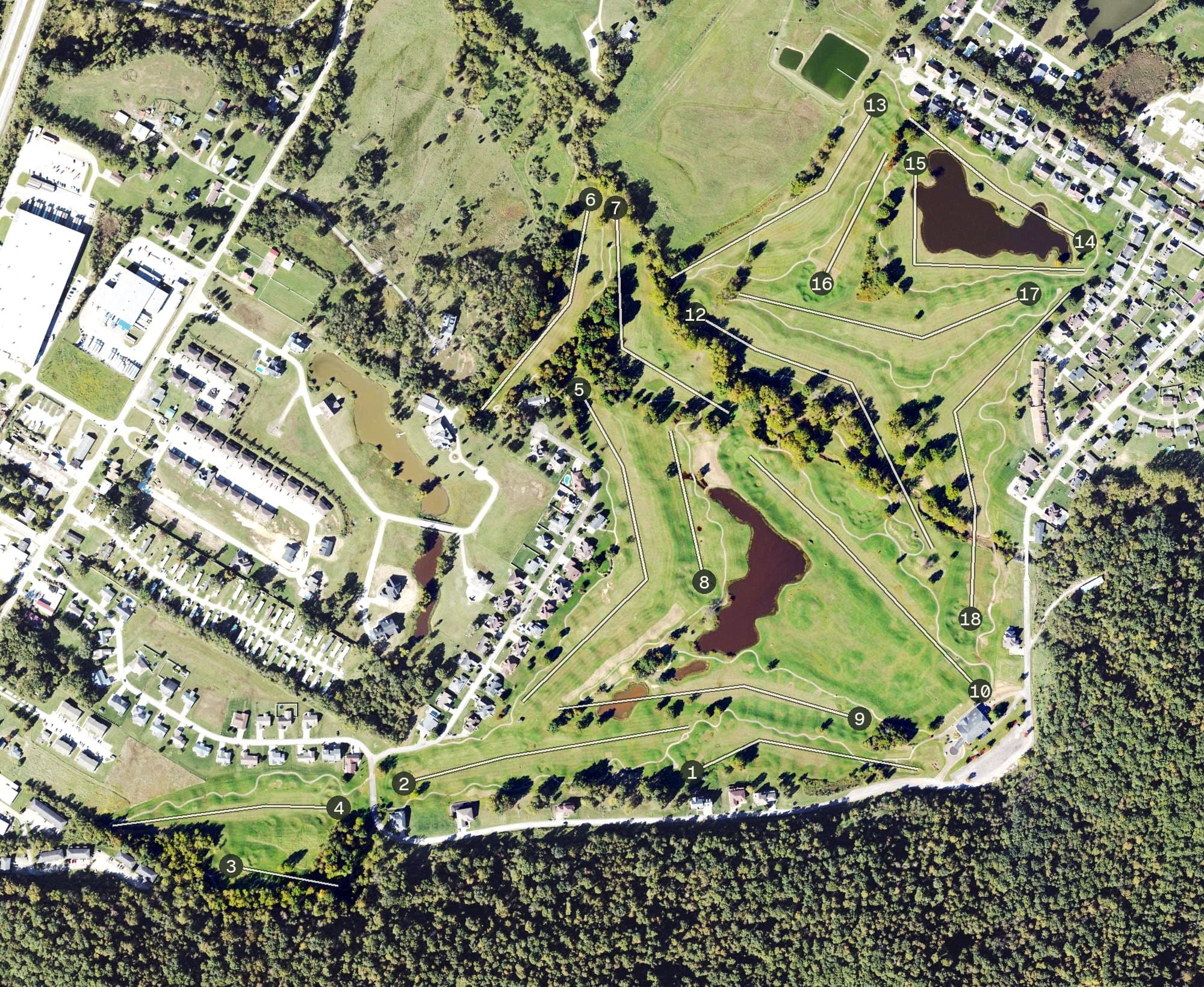 Aerial view of Woodridge Golf Club, WV, with its hole routing marked