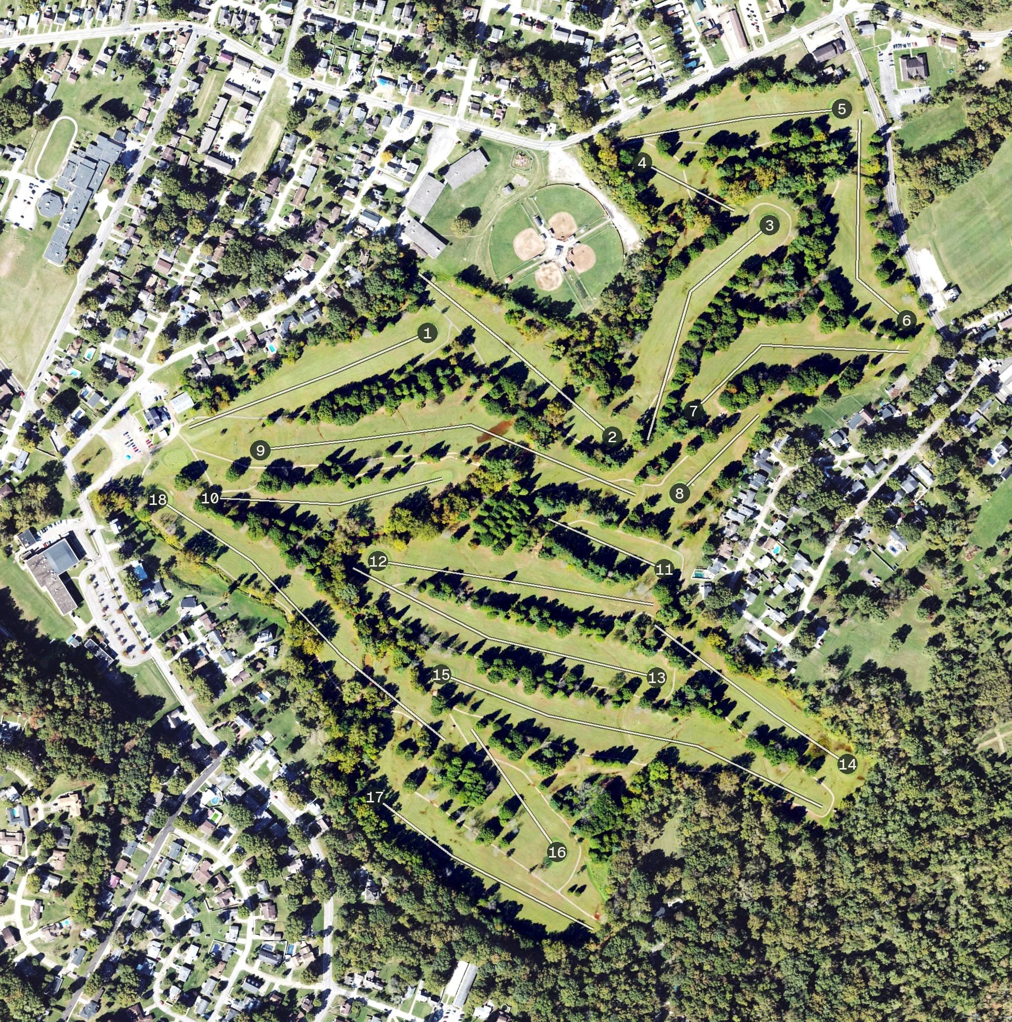 Aerial view of Worthington Golf Club, WV, with its hole routing marked