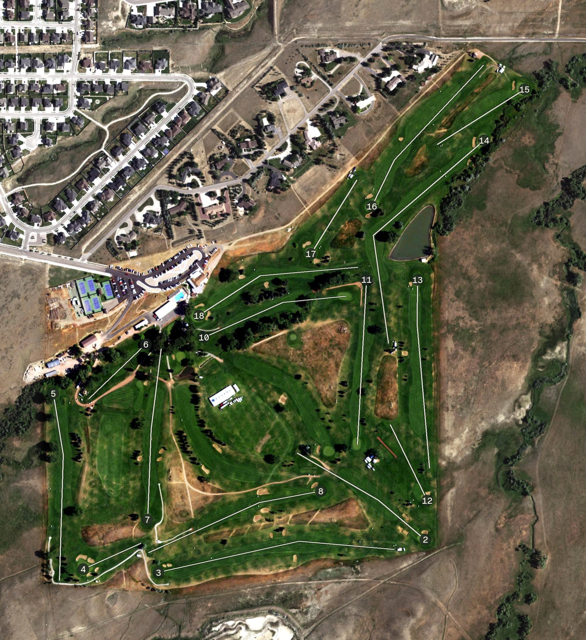 Aerial view of Casper Country Club, WY, with its hole routing marked