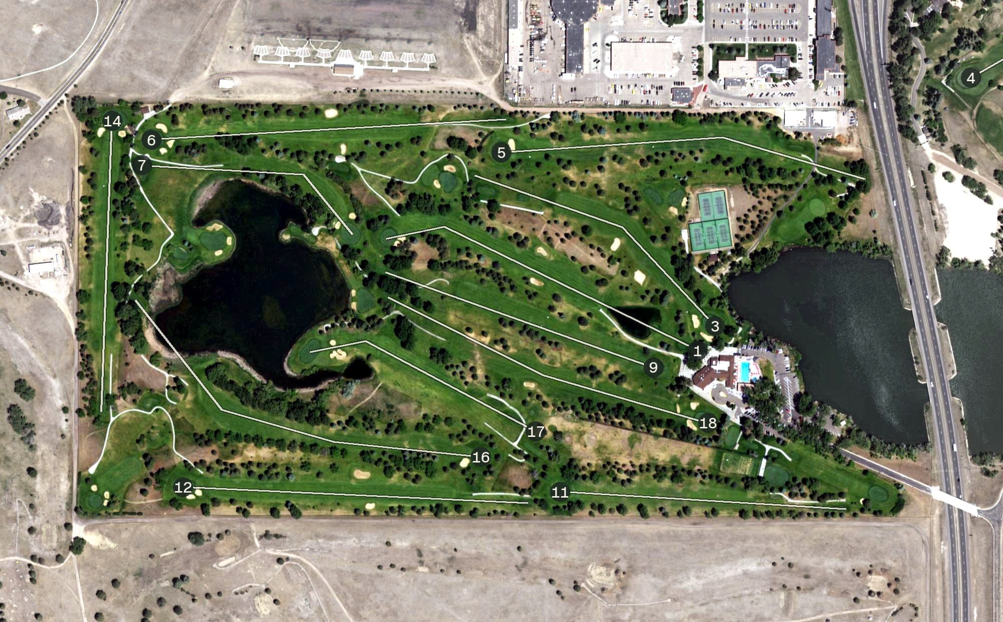 Aerial view of Cheyenne Country Club, WY, with its hole routing marked