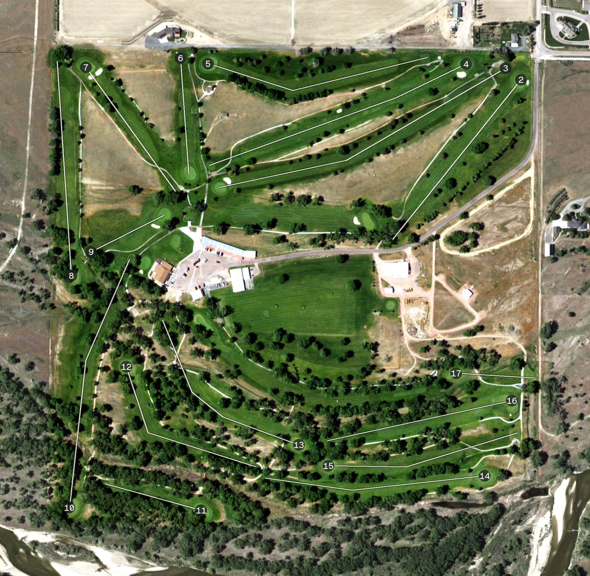 Aerial view of Cottonwood at Torrington, WY, with its hole routing marked