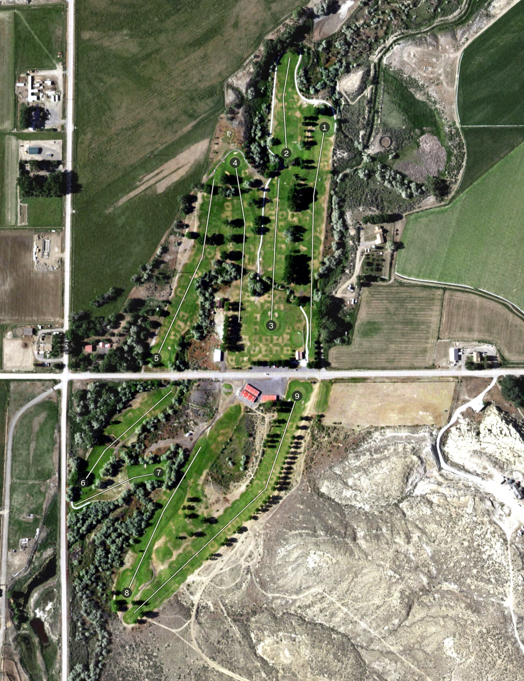 Aerial view of Foster Gulch Golf Course, WY, with its hole routing marked