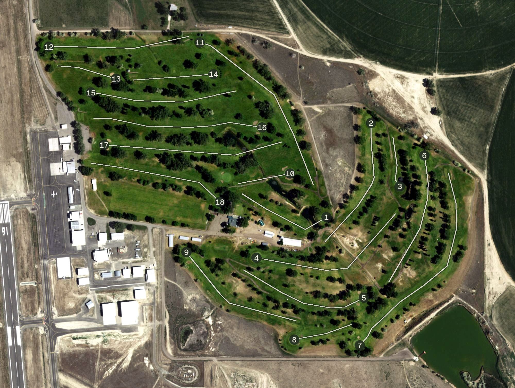 Aerial view of Green Hills Golf Course, WY, with its hole routing marked