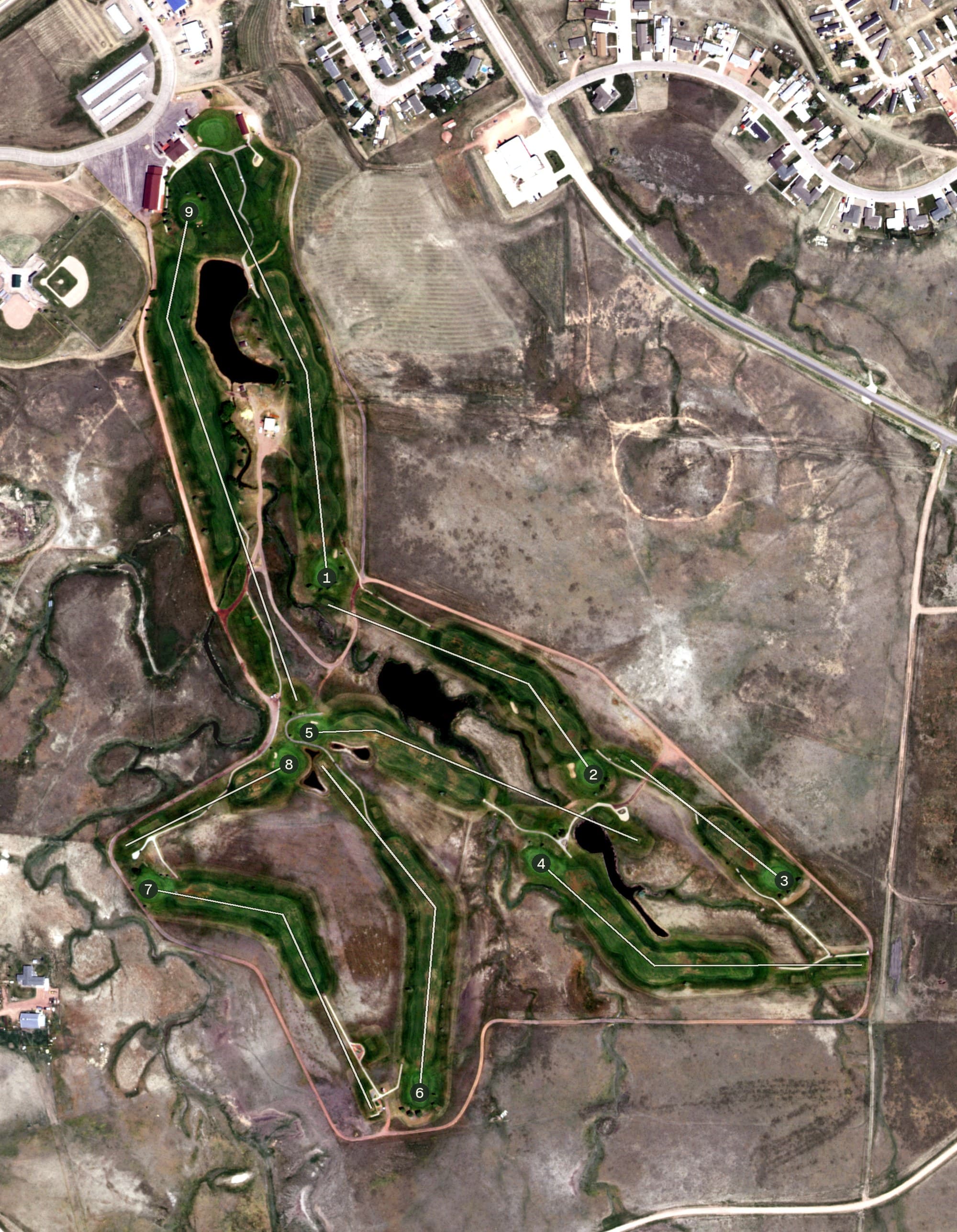 Aerial view of Hay Creek Golf Club, WY, with its hole routing marked