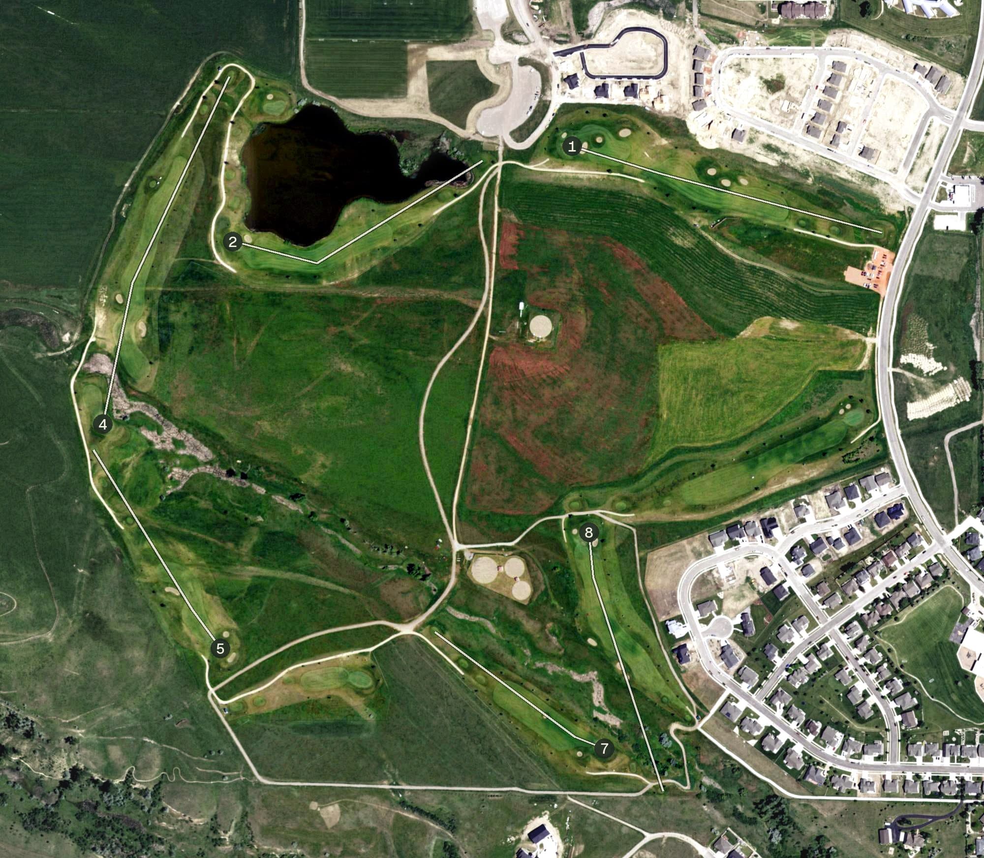 Aerial view of Hidden Bridge Golf Club, WY, with its hole routing marked