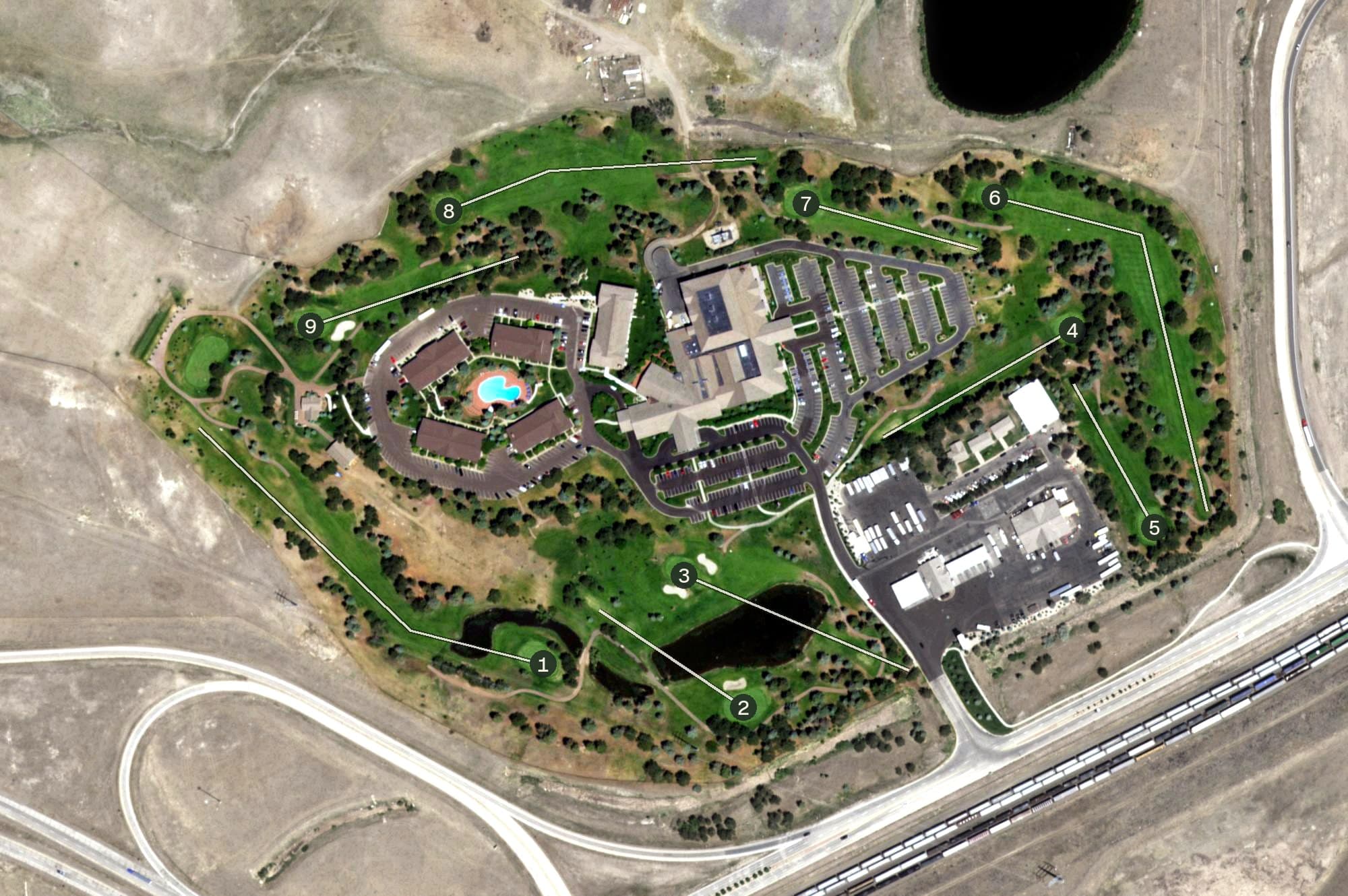 Aerial view of Little America Golf Course, WY, with its hole routing marked
