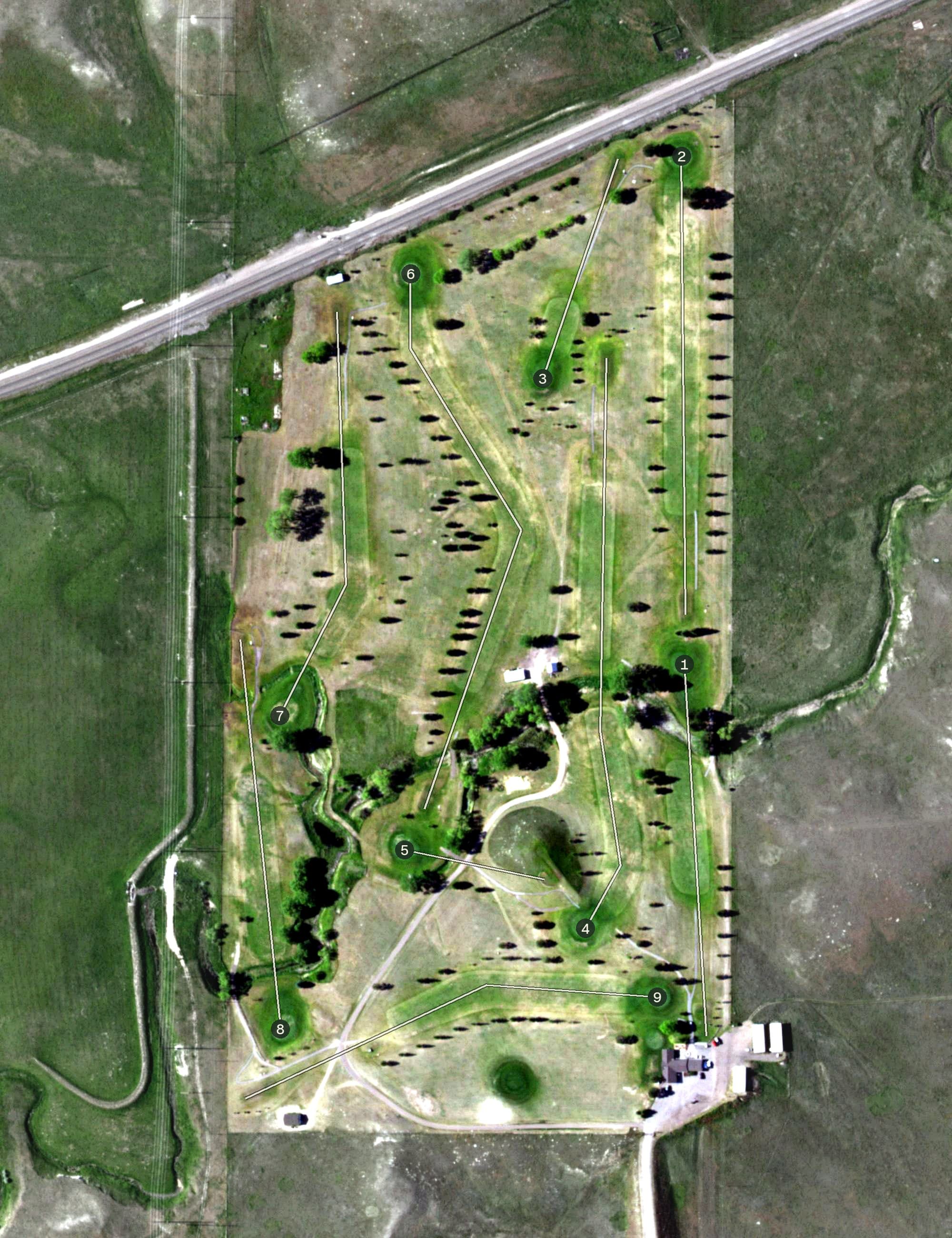 Aerial view of Lusk Municipal Golf Course, WY, with its hole routing marked