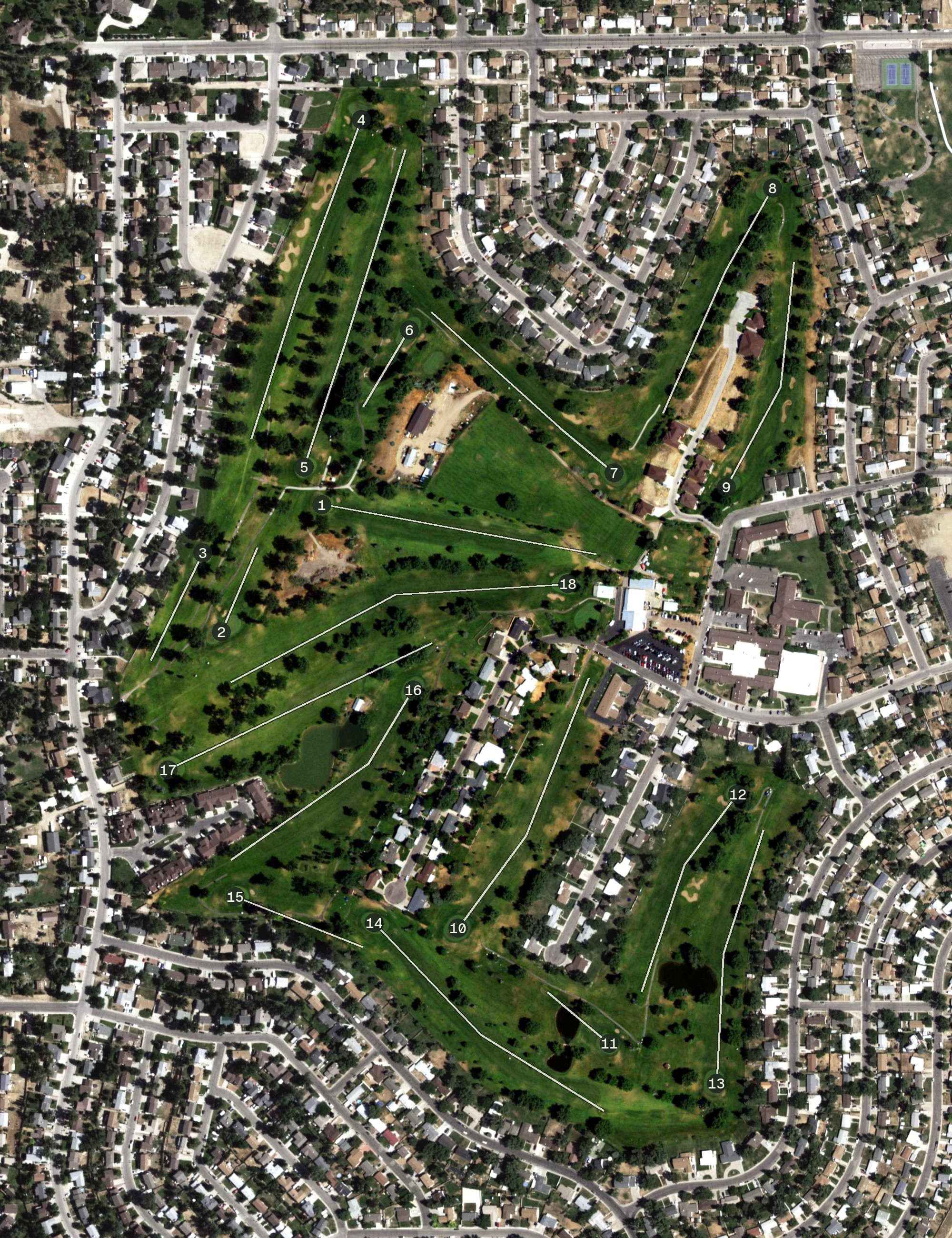 Aerial view of Paradise Valley Country Club, WY, with its hole routing marked