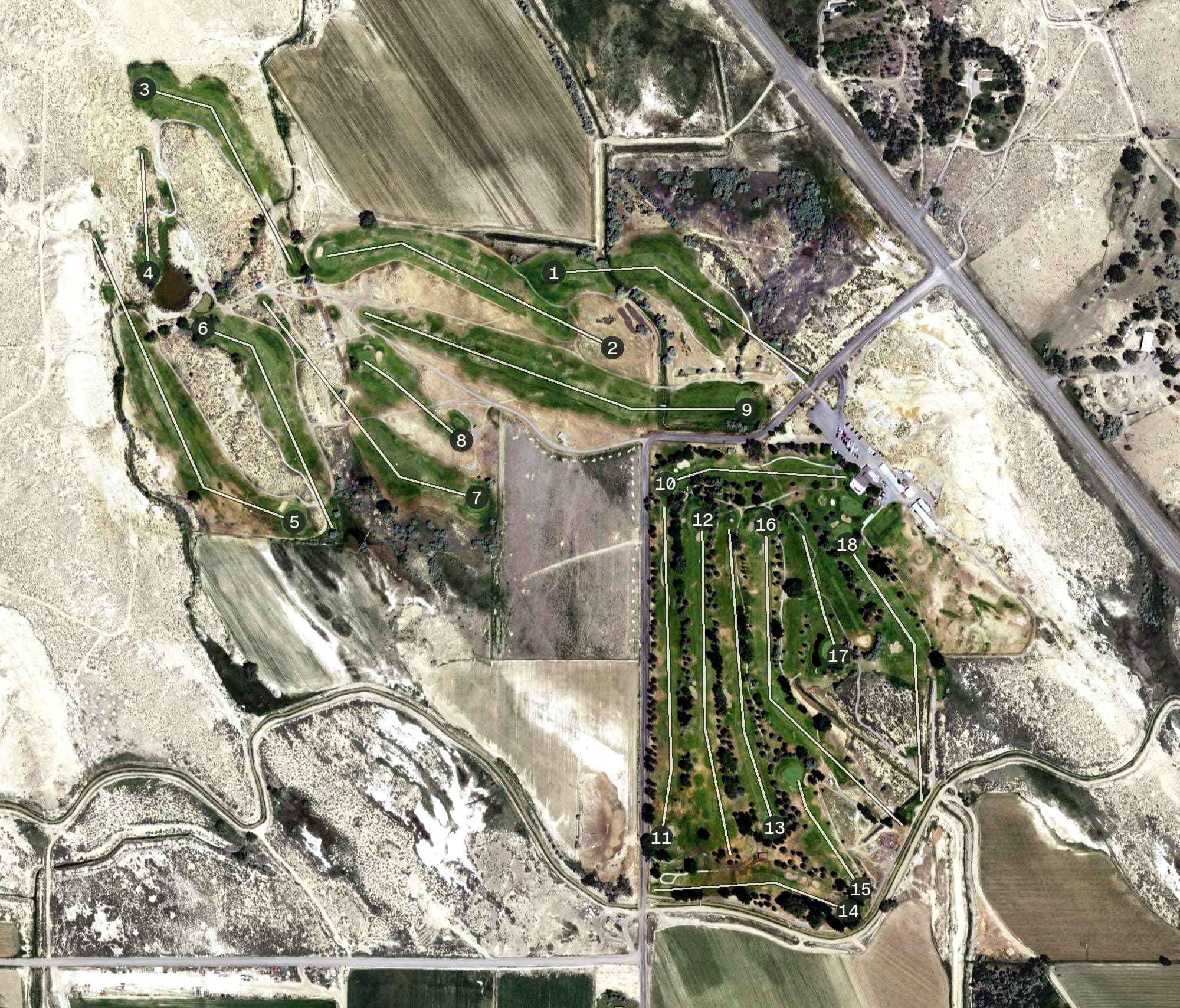 Aerial view of Powell Golf Club, WY, with its hole routing marked