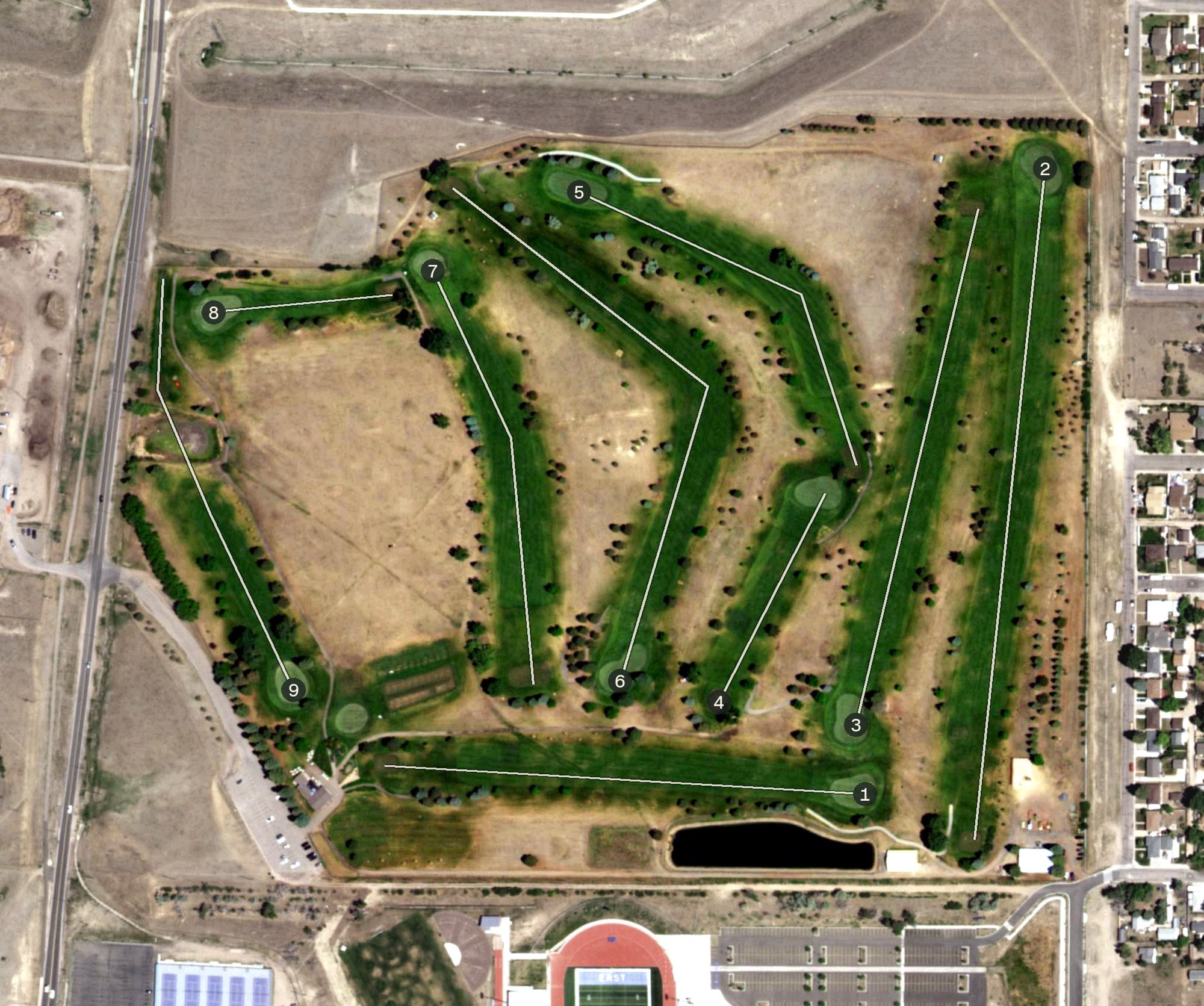 Aerial view of Prairie View Golf Course, WY, with its hole routing marked