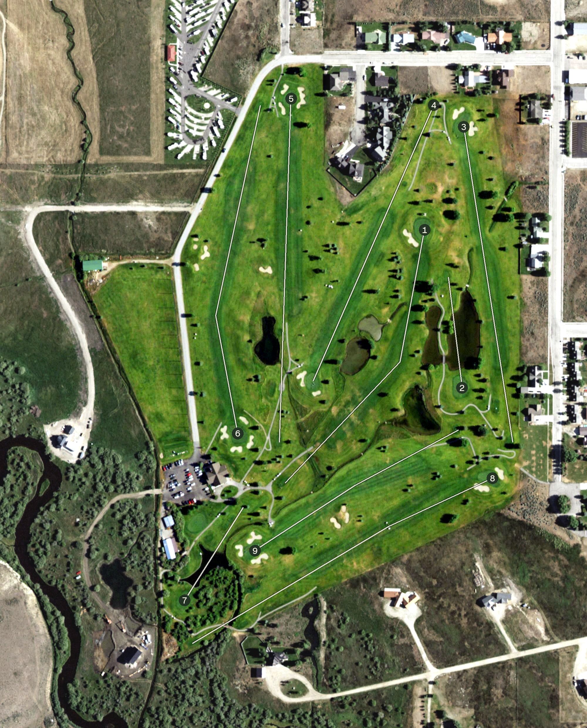 Aerial view of Rendezvous Meadows Golf Course, WY, with its hole routing marked