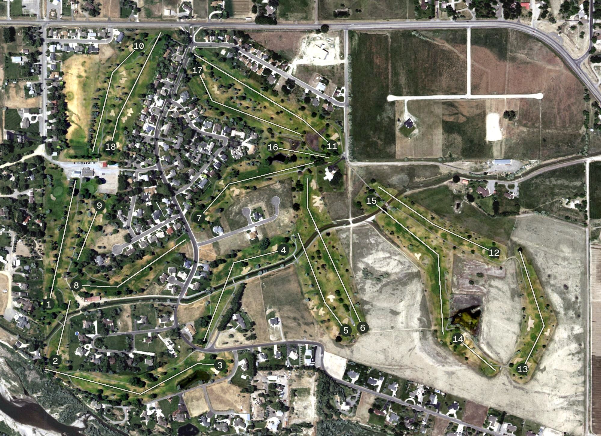 Aerial view of Riverton Country Club, WY, with its hole routing marked