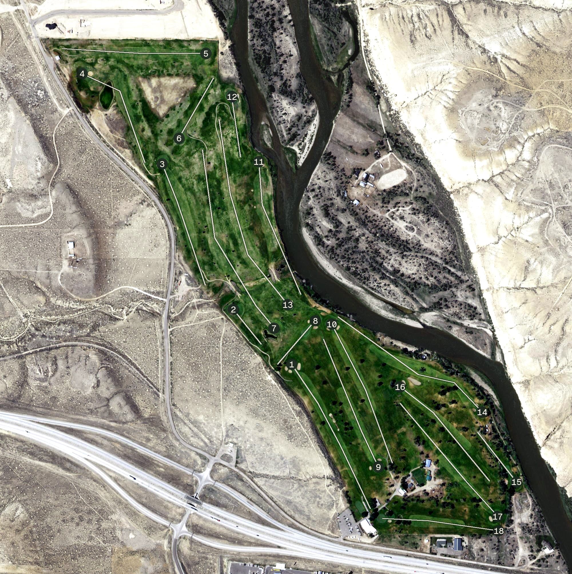 Aerial view of Rolling Green Country Club, WY, with its hole routing marked
