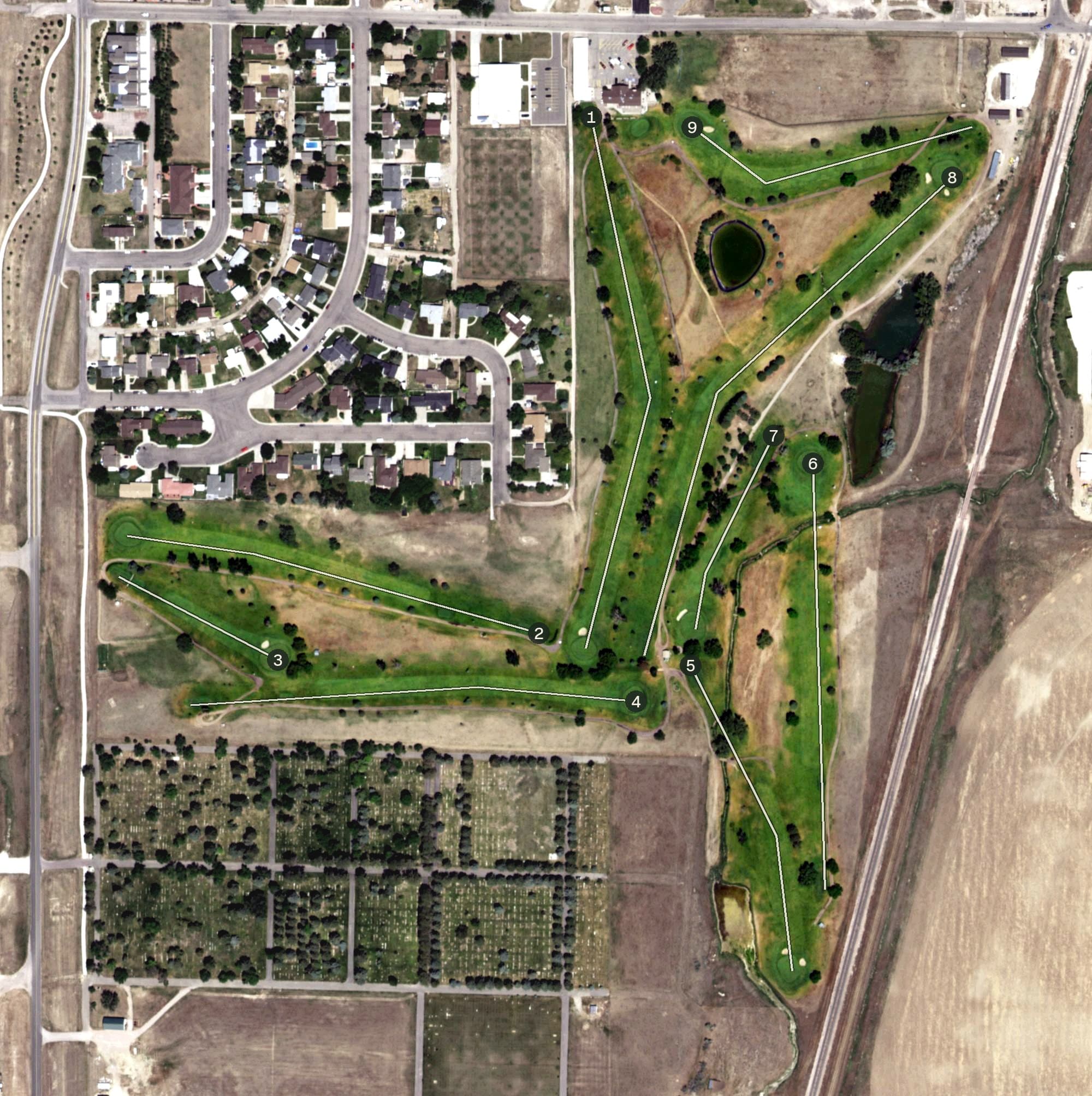 Aerial view of Wheatland Golf Club, WY, with its hole routing marked
