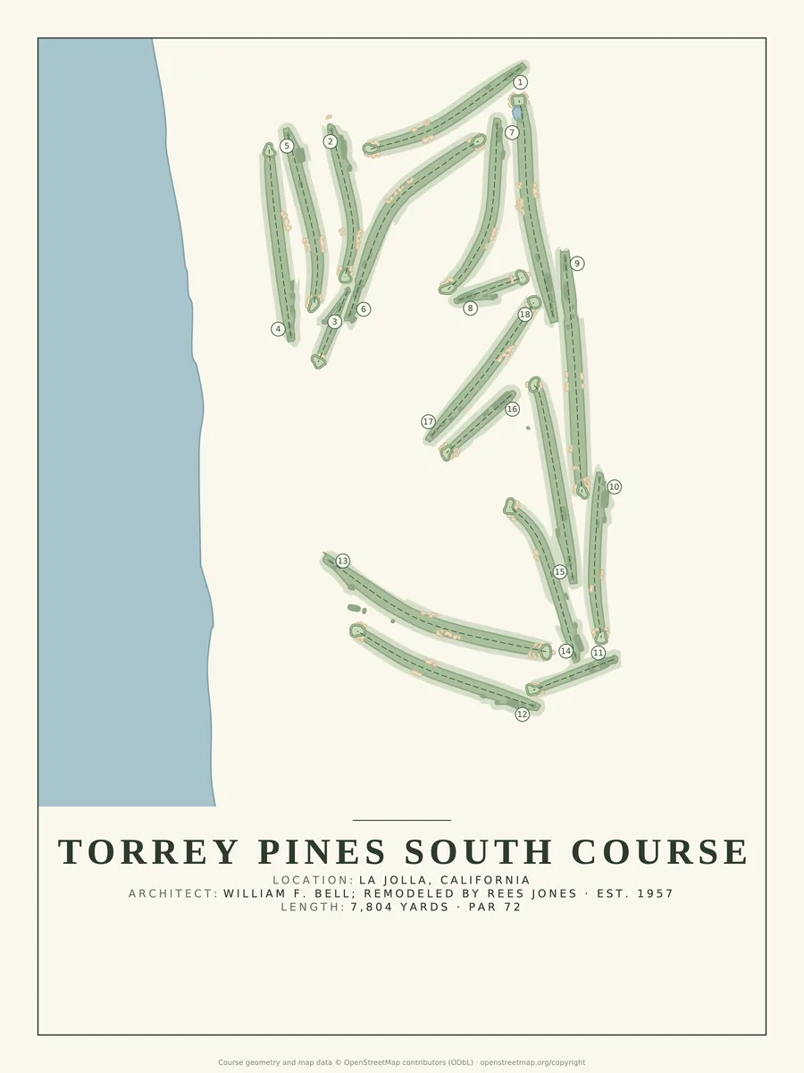 Torrey Pines South Course golf course map poster print