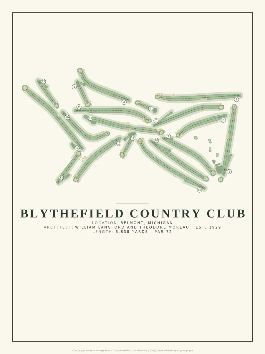 Blythefield Country Club golf course map poster print