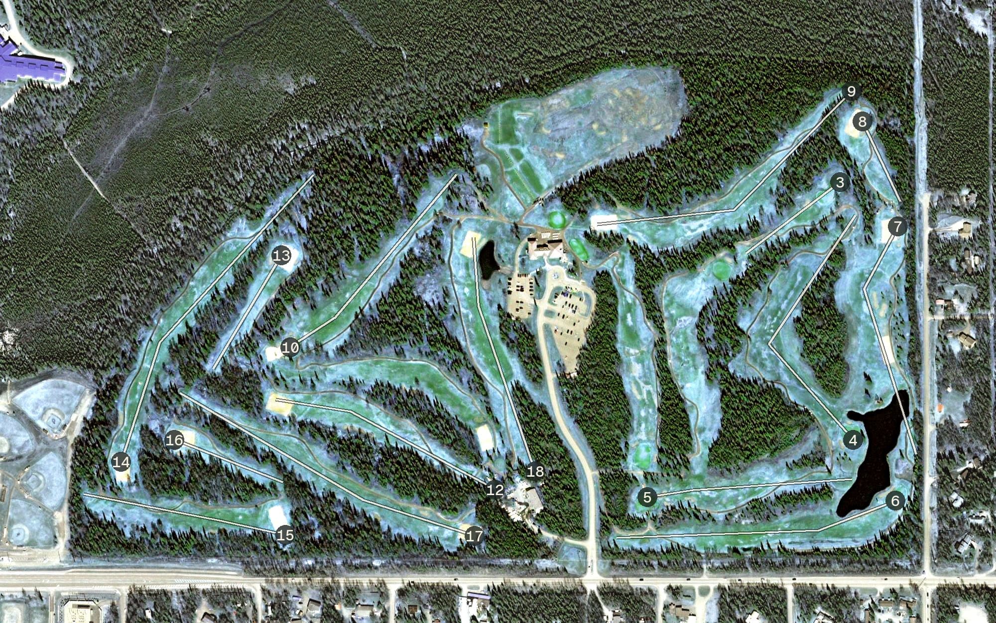 Aerial view of Anchorage Golf Course, AK, with its hole routing marked
