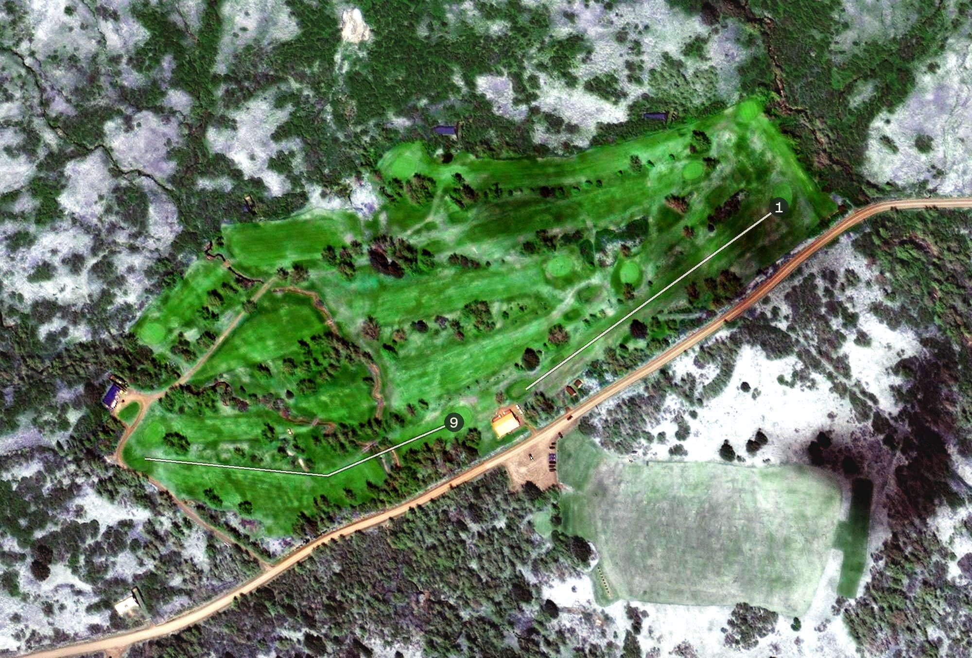 Aerial view of Bear Valley Golf Course, AK, with its hole routing marked
