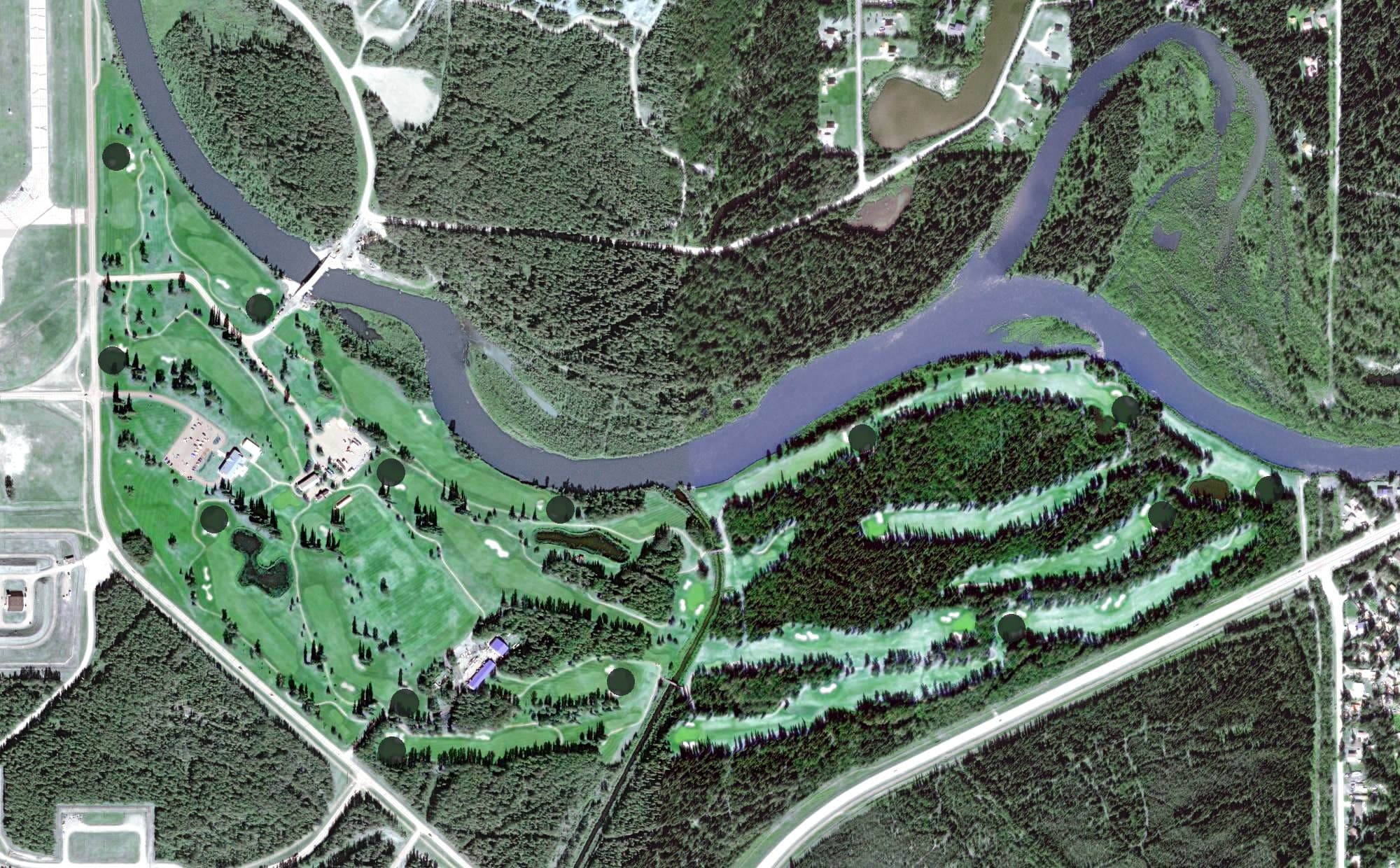 Aerial view of Chena Bend Golf Course, AK, with its hole routing marked