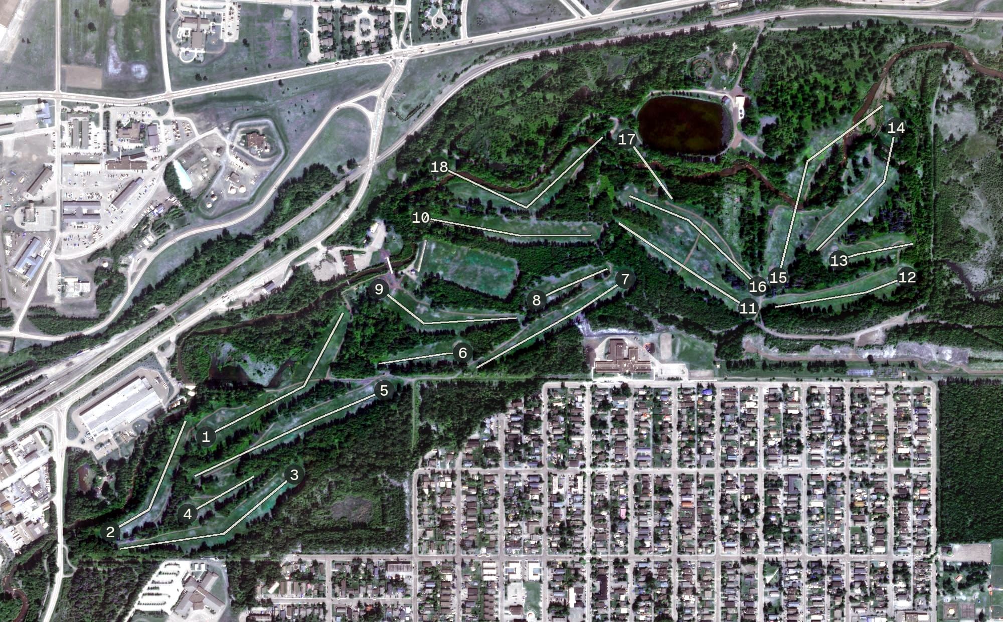 Aerial view of Eagleglen Golf Course Elmendorf Air Force Base, AK, with its hole routing marked