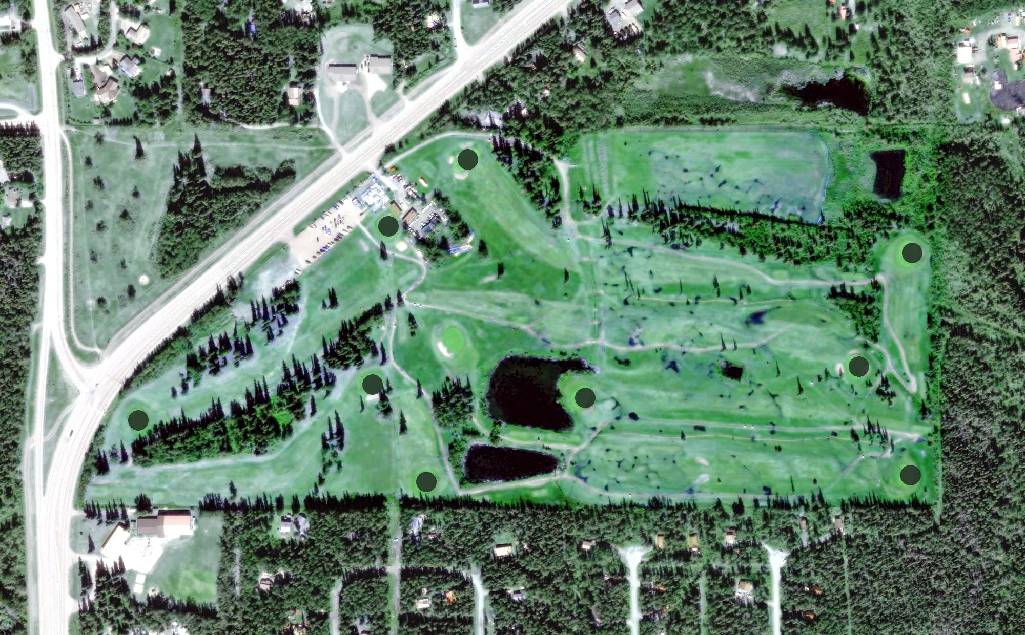 Aerial view of Fairbanks Golf Course, AK, with its hole routing marked