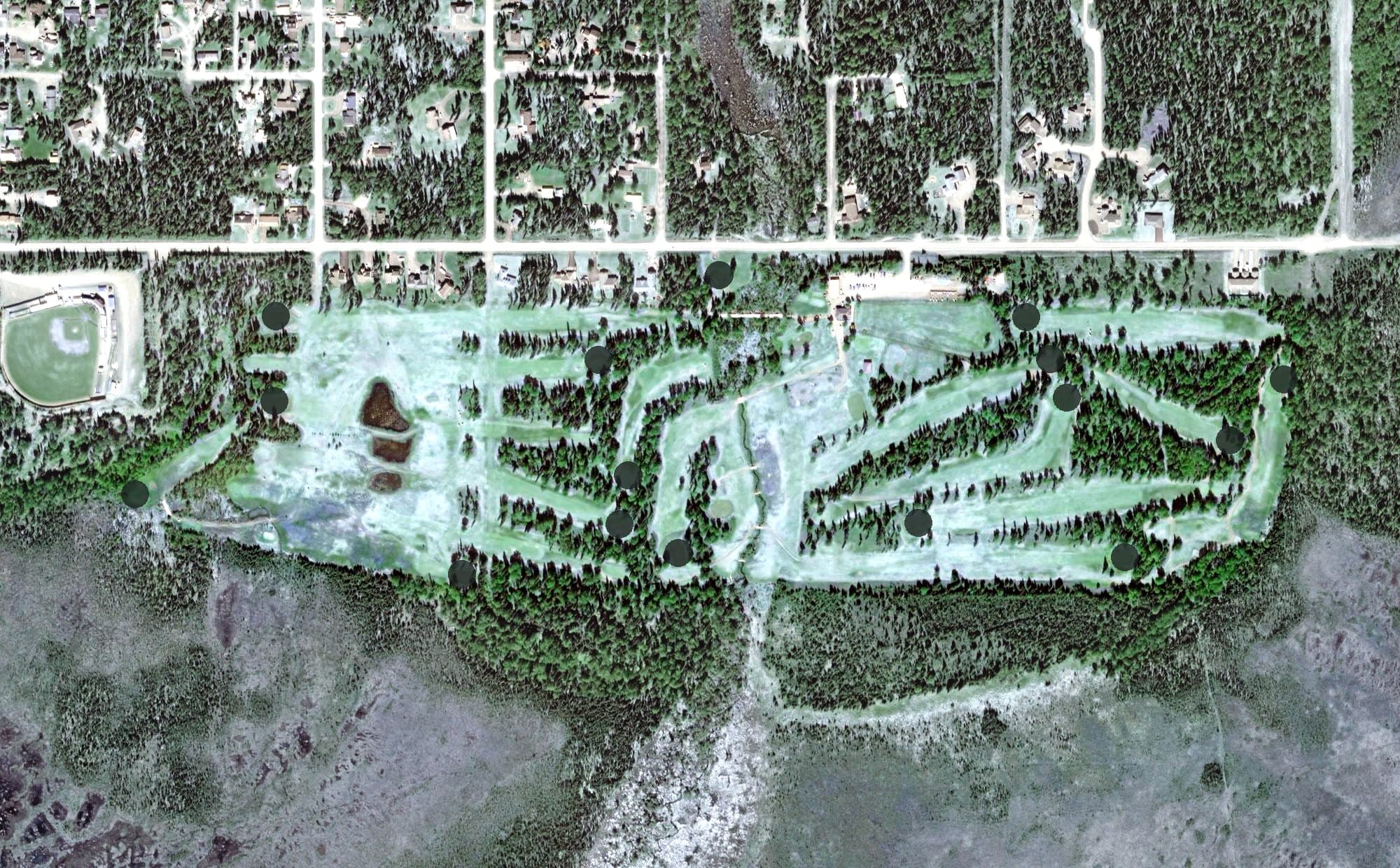 Aerial view of Kenai Golf Course, AK, with its hole routing marked