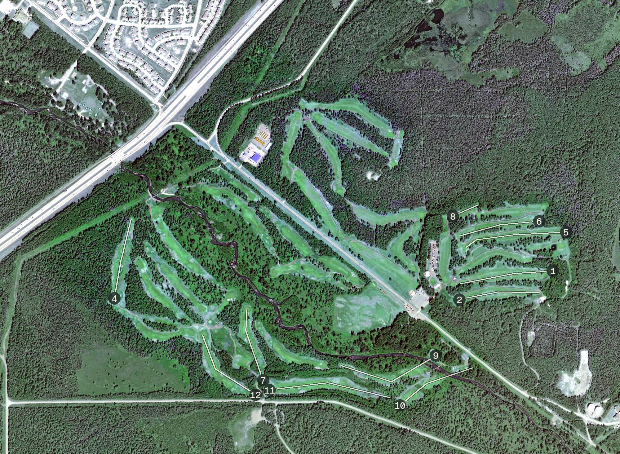 Aerial view of Moose Run Golf Course, AK, with its hole routing marked