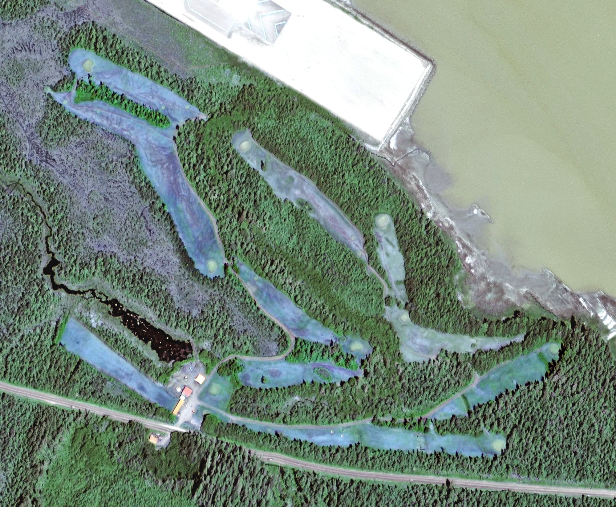 Aerial view of Muskeg Meadows Golf Course, AK, with its hole routing marked