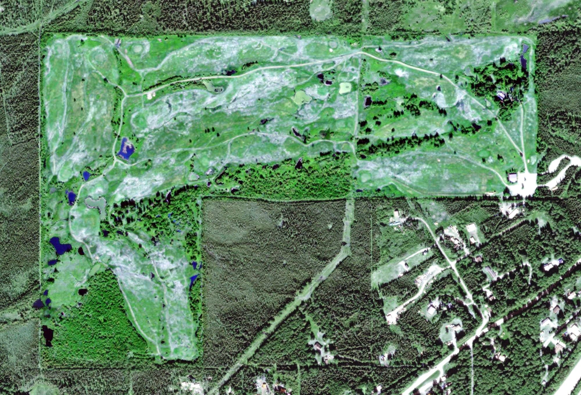 Aerial view of North Star Golf Course, AK, with its hole routing marked