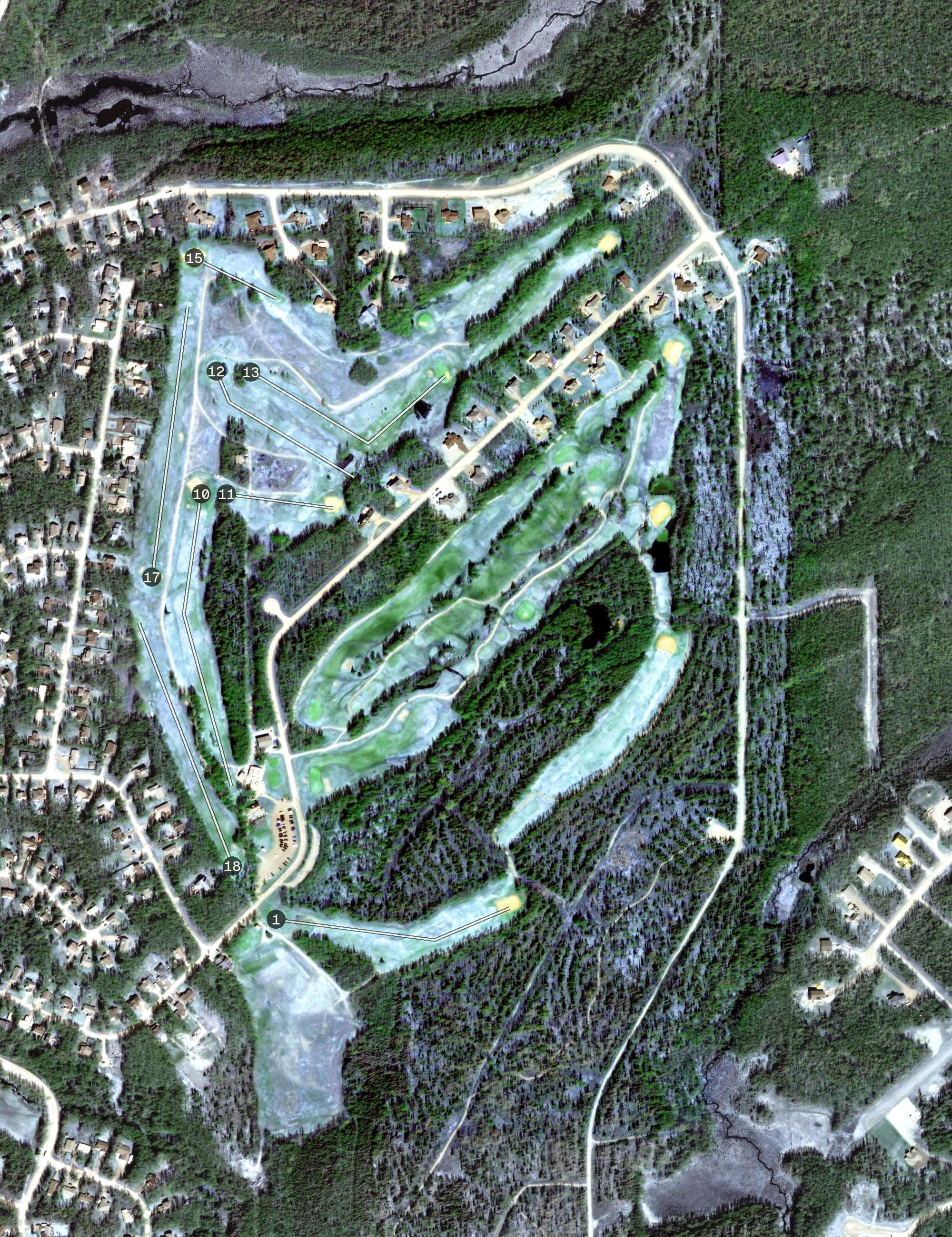 Aerial view of Settler's Bay Golf Course, AK, with its hole routing marked