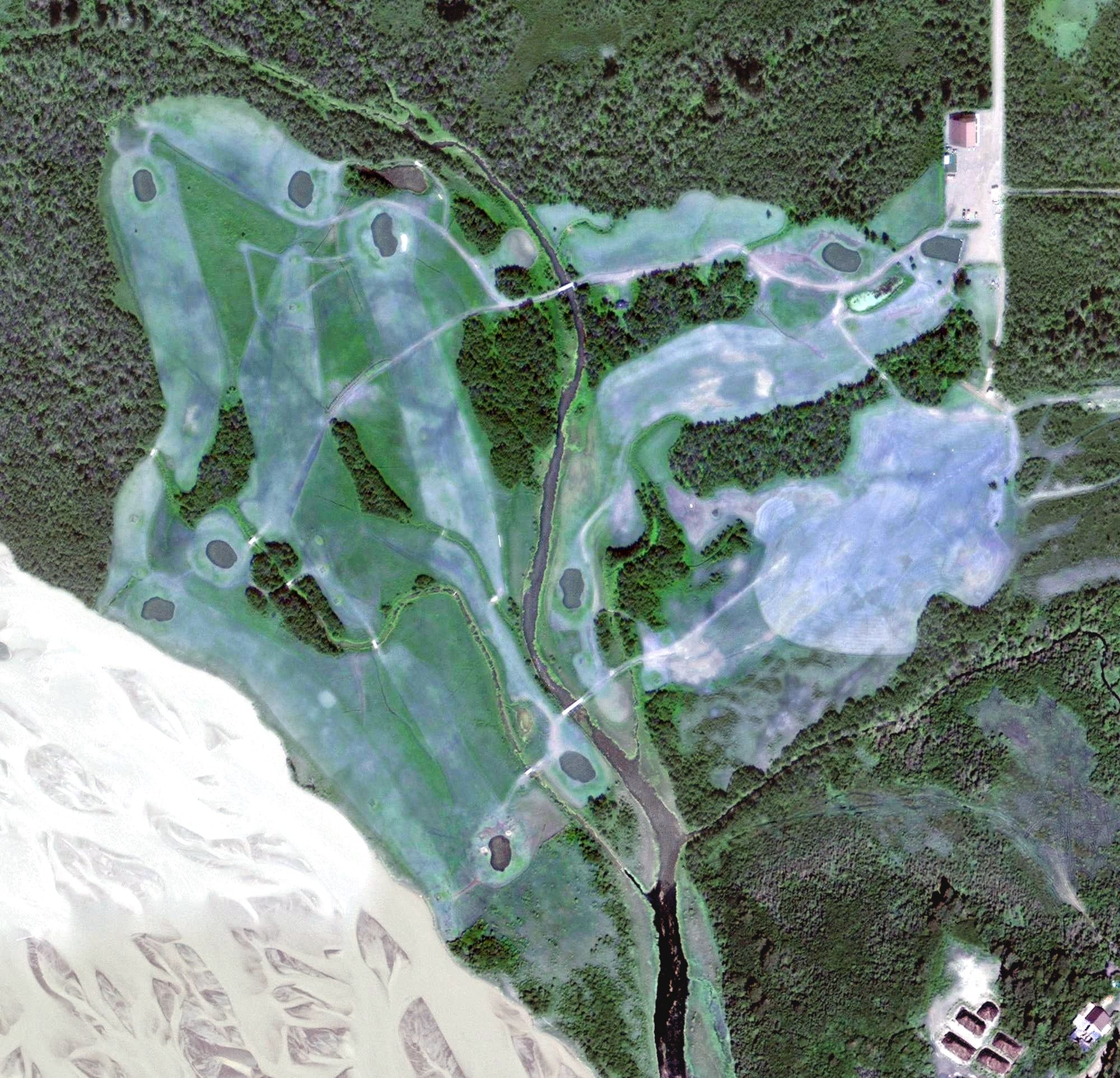 Aerial view of Valley of the Eagles Golf Links, AK, with its hole routing marked