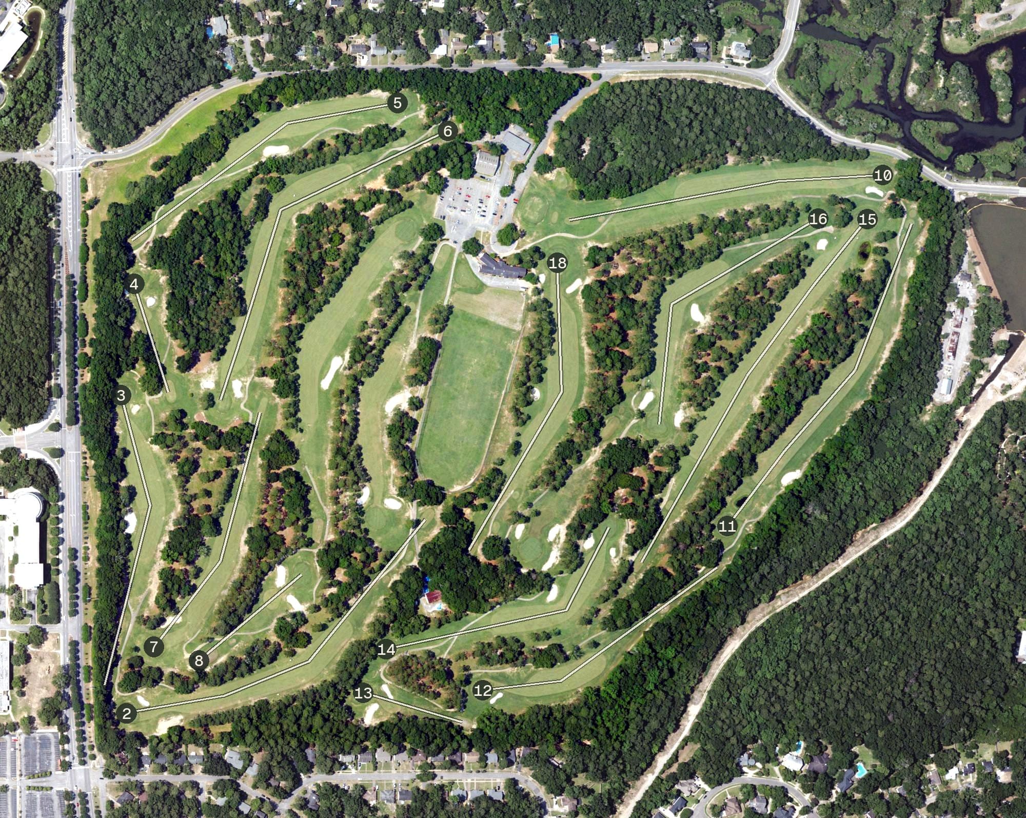 Aerial view of Azalea City Golf Course, AL, with its hole routing marked