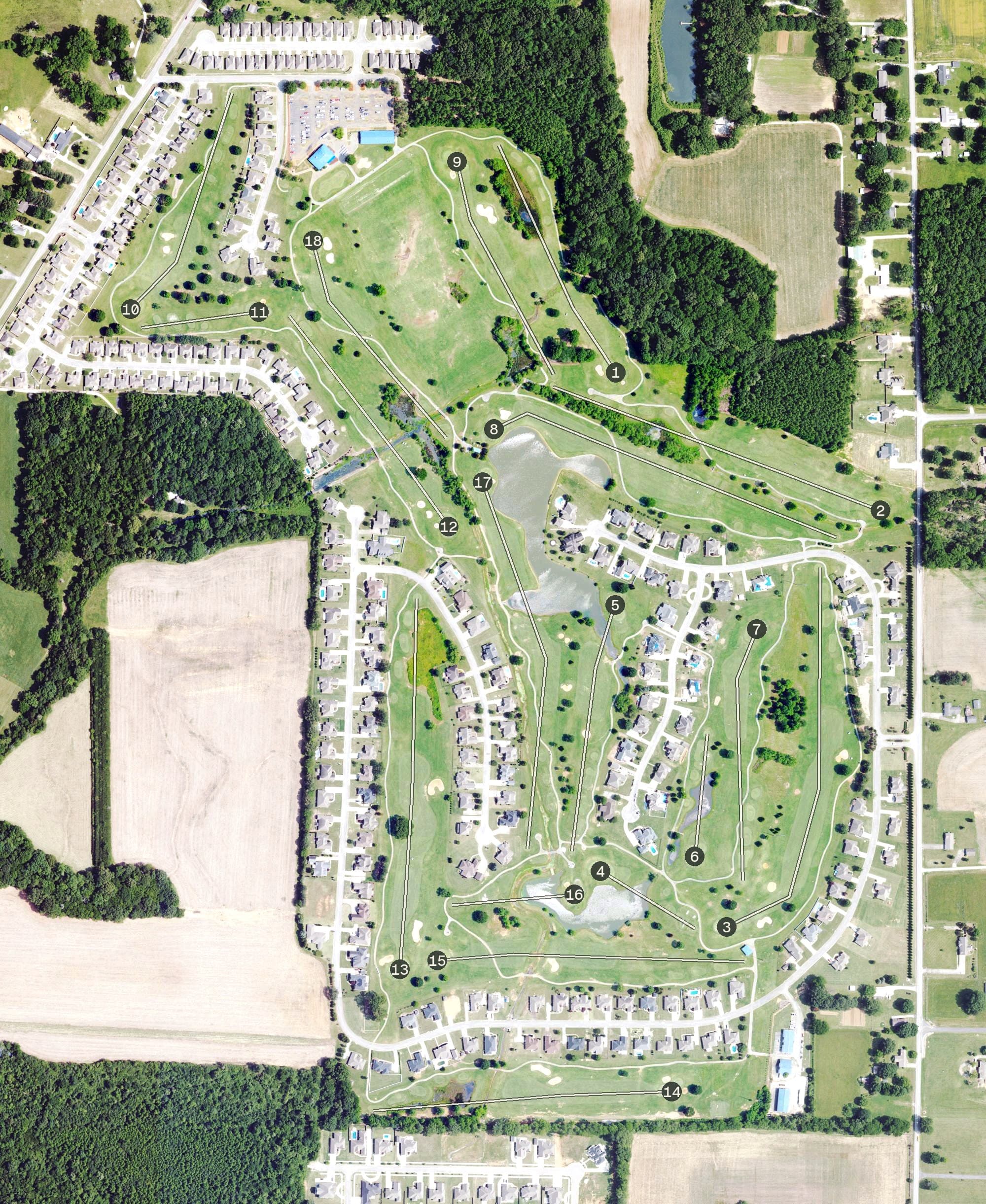 Aerial view of Blackberry Trail Golf Course, AL, with its hole routing marked